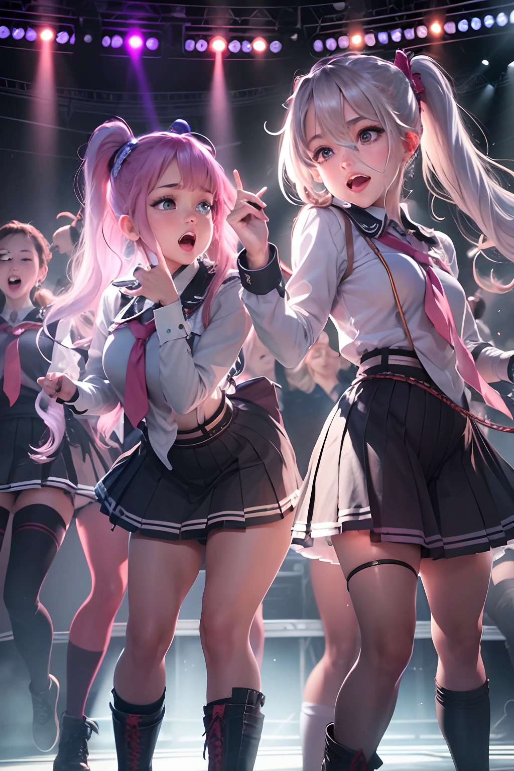 schoolgirls,Bundled ponytail,White dress,,singing on stage, Stage lighting, Glare.