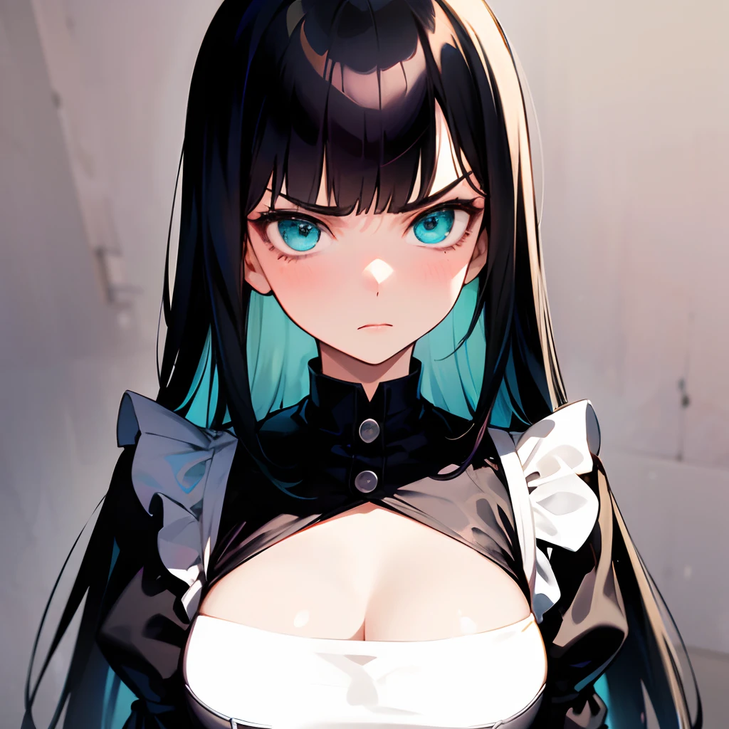 1girl, long black hair, blunt bangs, turquoise eyes, maid dress, medium breast, angry expression, solo, best quality, masterpiece, portrait, simple background, looking at the camera, from the front, 1result, vibrant, detailed, perfect anatomy, detailed art, high definition, 4k, high resolution