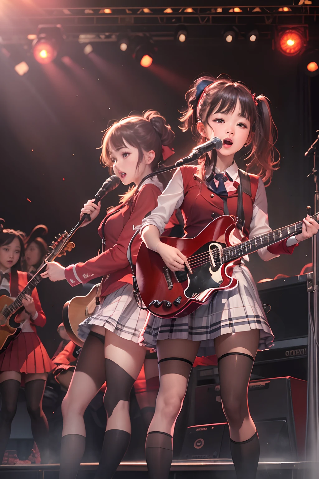 girls,Bundled ponytail,Red dress,,singing on stage, Stage lighting, Glare.