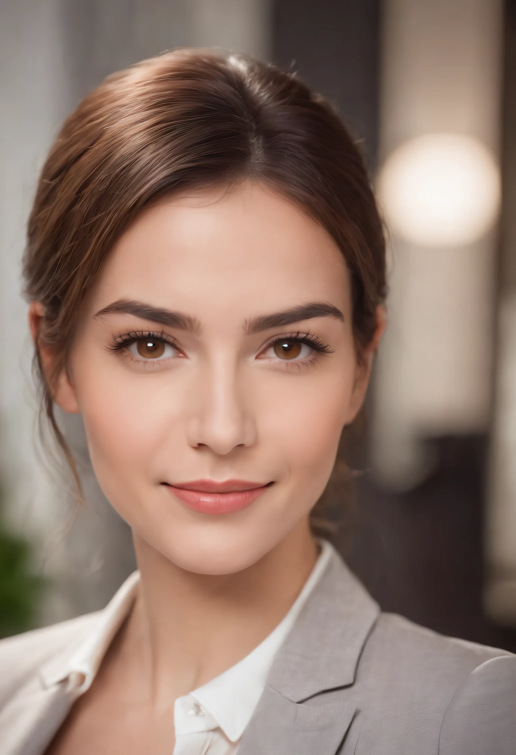 a picure of a gorgeous business-woman, brown eyes, business portrait, gently smiling, looking into the camera, dressed corporate in a suit, at a business party, Style: classic