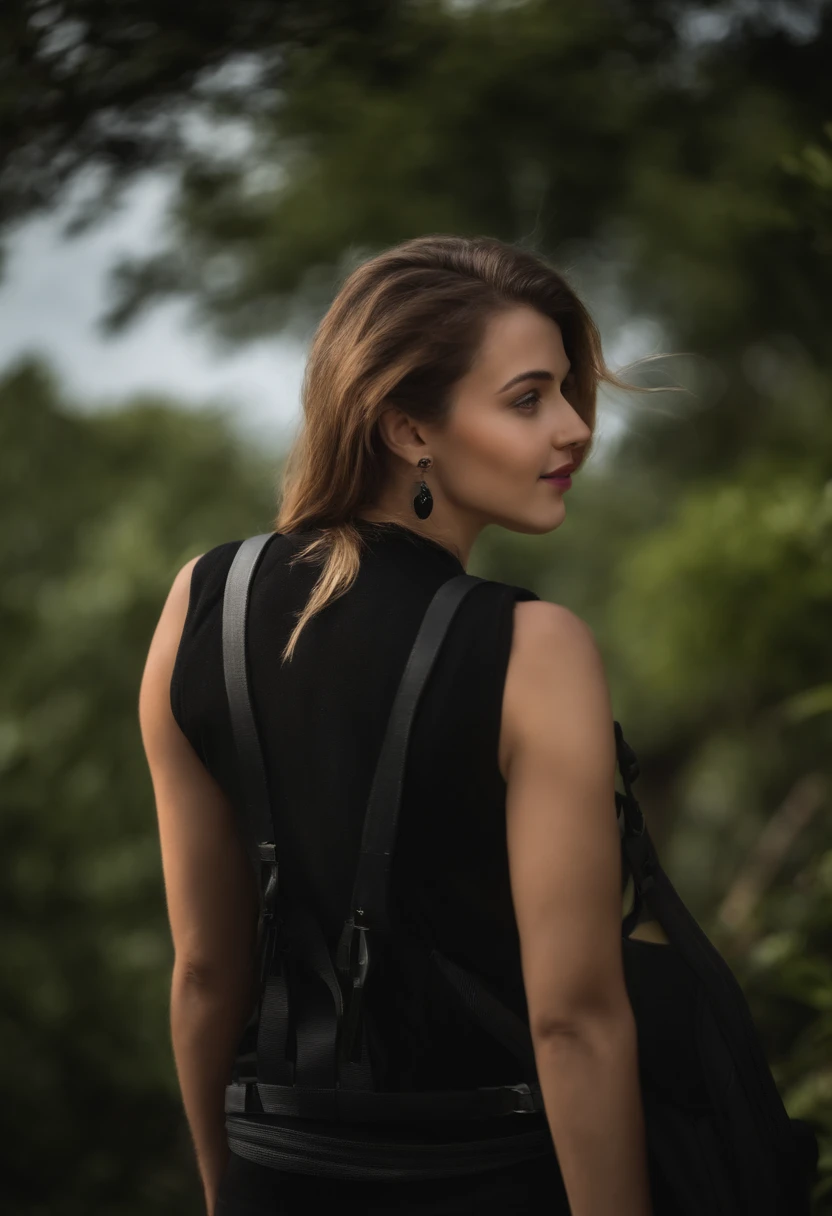 1 jeune 27 ans ((selfie du haut du corps, Souriant)), Masterpiece, Best quality, Ultra-detailed, restaurant, (Noirte), nature, gai, content, backpack, tenue moto ombre, contraste, clear sky, style, (Teinte chaude, ton chaud: 1.2), gros plan, cinematic light, side lighting, ultra highres, Meilleure ombre, .RAW, partie du visage du corps, serious look, seins normaux, 4K,