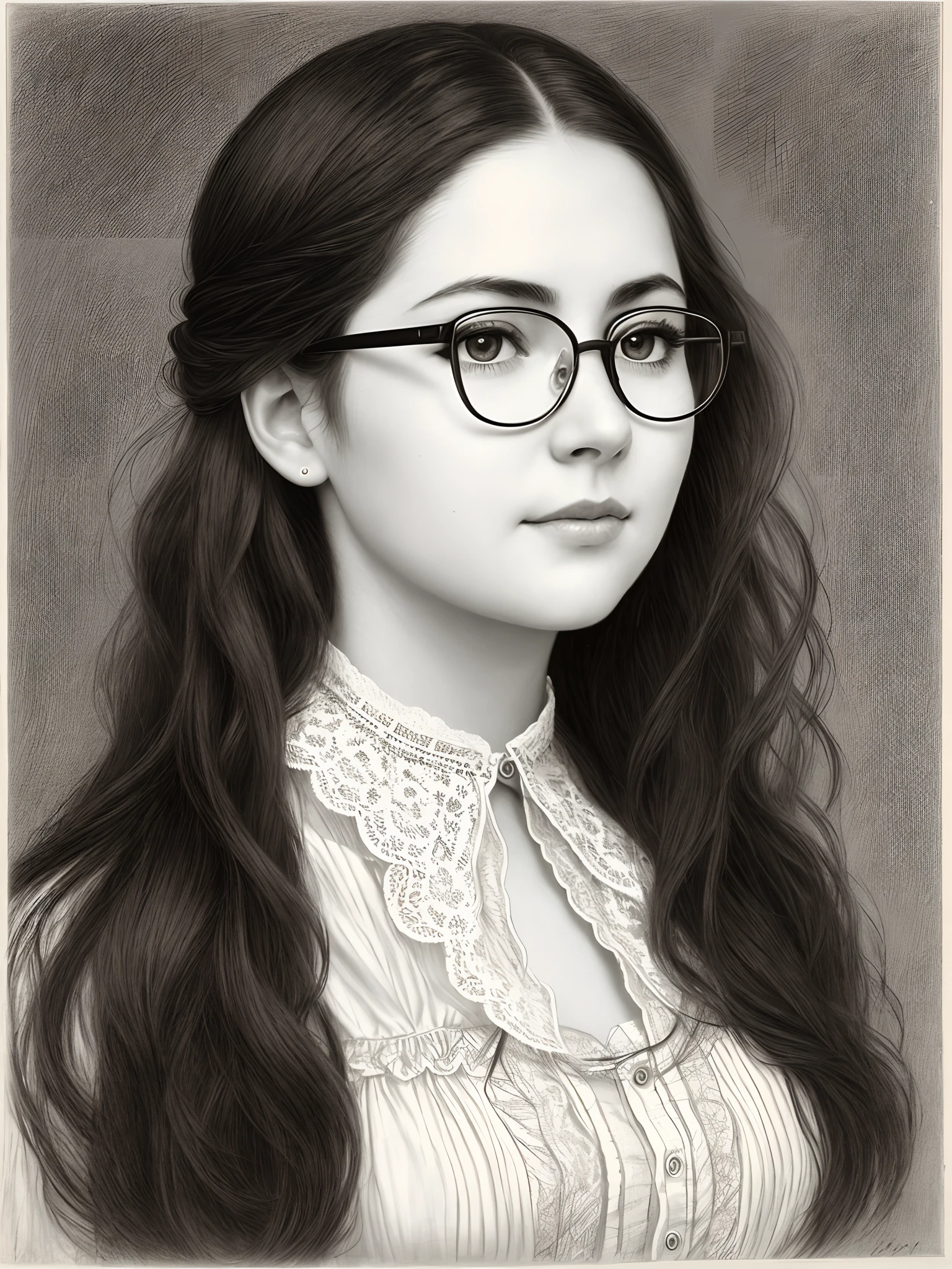 Realistic Historical Portrait with Graphite Pencil; Young woman 38 years old, round face, Big shiny brown eyes, eyeglasses, Serious, Long brown thick tousled hair below the waist; White loose-fitting silk shirt with lace collar; Sarcastic look; natural light; Monochrome image