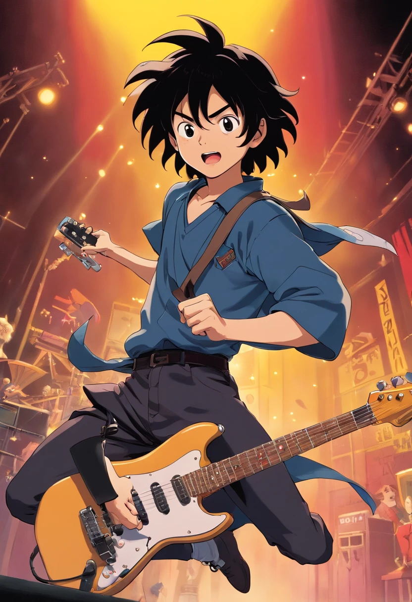Still from a 1985 Japanese manga about a boy is jumping and play a electric guitar on stage with a mad face black long hair and with punk costume