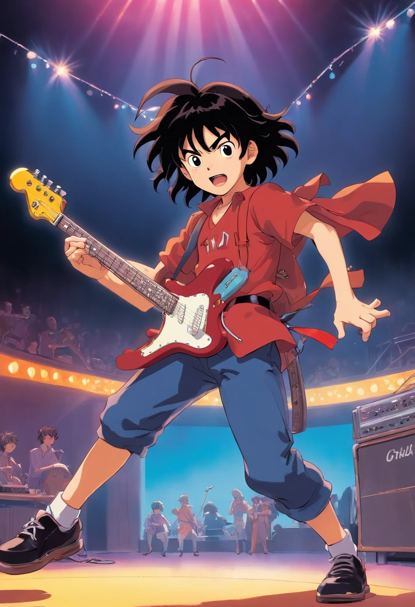 Still from a 1985 Japanese manga about a boy is jumping and play a electric guitar on stage with a mad face black long hair and with punk costume