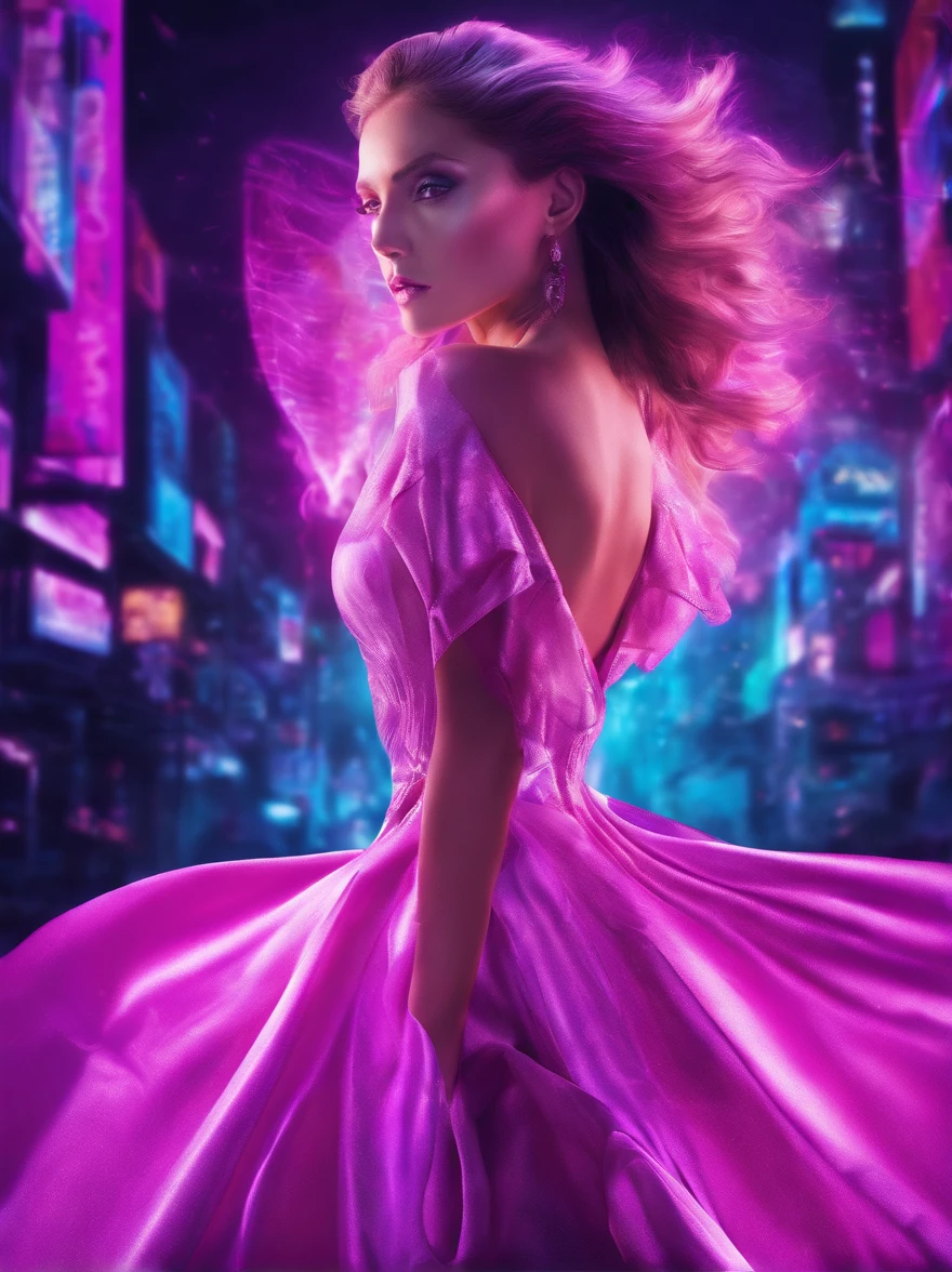 full body photographed from the front beautiful woman face in airy fluorescent purple dress, in night party, motion, blue, neon, movement, photo realistic