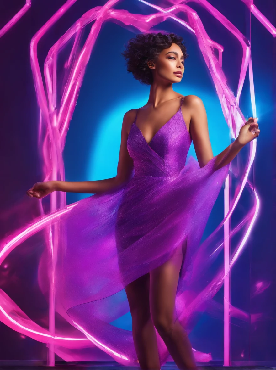 full body photographed from the front beautiful woman face in airy fluorescent purple dress, in night party, motion, blue, neon, movement, photo realistic