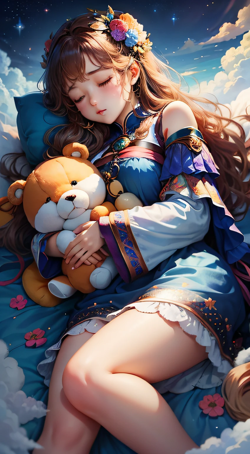 colorful、on clouds、kosmos、Big Moon、realistic、The girl is sleeping、Only one stuffed animal、超A high resolution