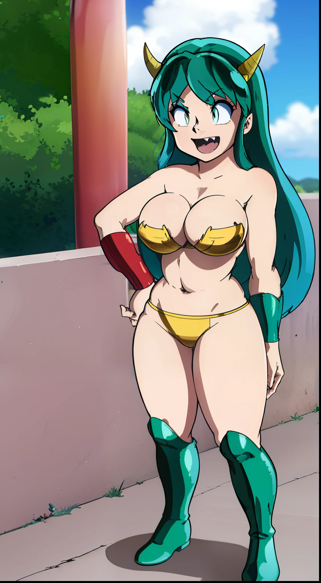 lum, superhero costume,, standing,, boots, oni, smile,, full body, sentai, bikini, horns, curvy, big breast, open mouth teeths, fangs