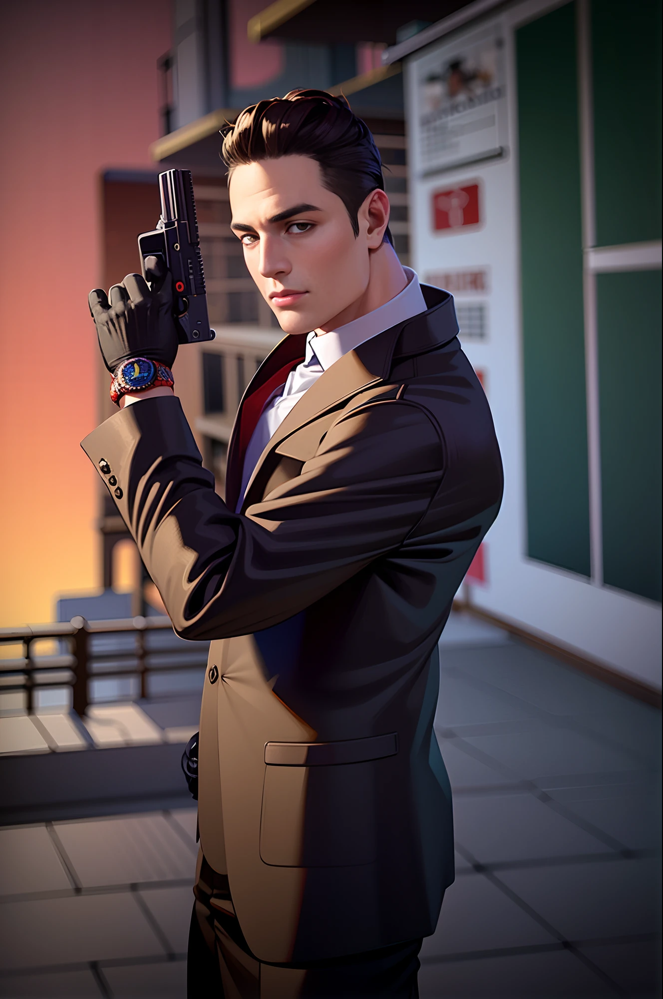 arafed man in a suit holding a gun and looking at the camera, security agent, with pistol, man with a gun, holding gun, carrying a gun, with a gun, holding a gun, he's a hitman in peacoat, headshot and bodyshot, he has a pistol!!, head shoot, action thriller, holding handgun, holding pistol, Gibraltar sunset backdrop, wavy hair, dark brown hair, racing gloves