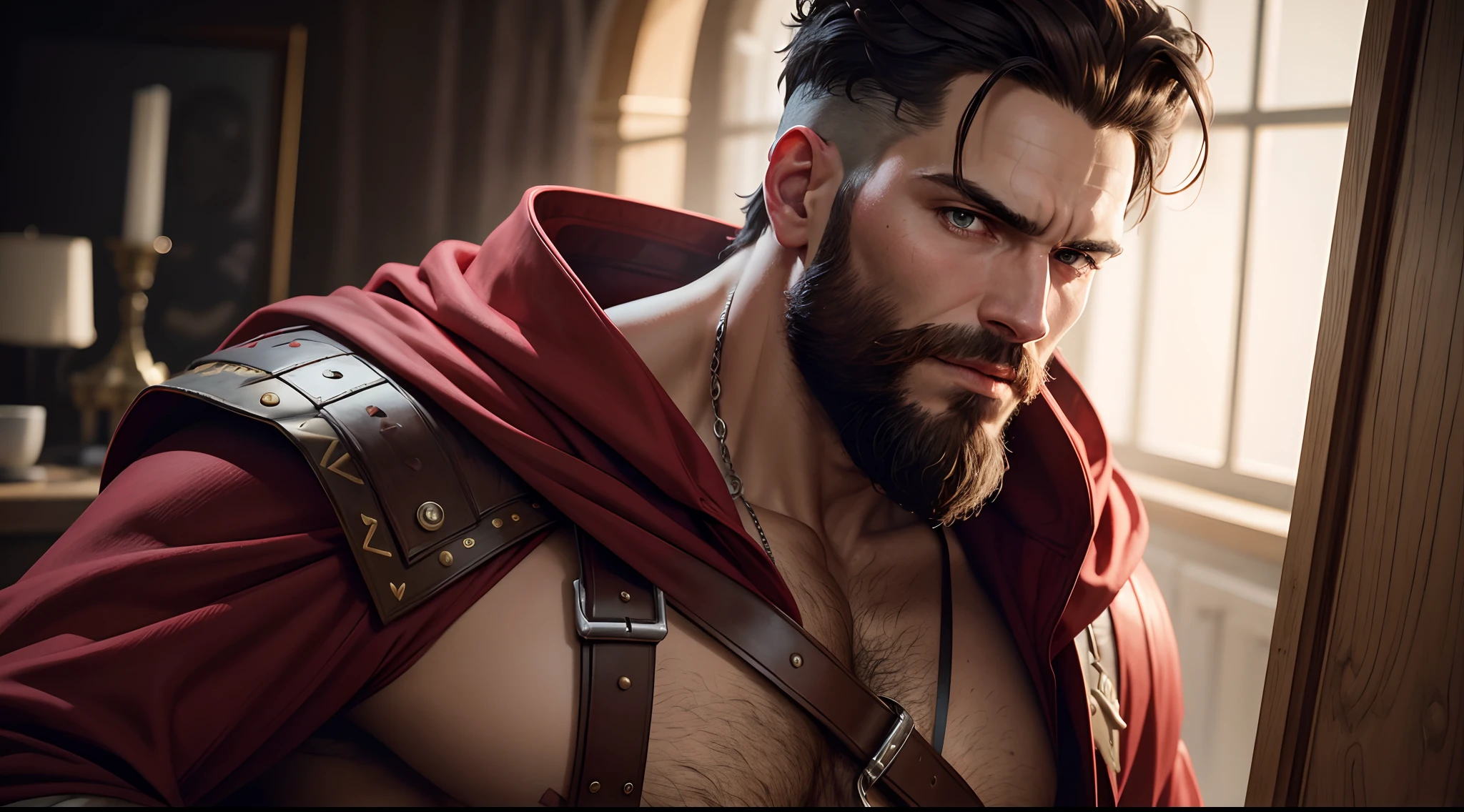 Close-up of a man with a beard and a red cape, Maxime Jacobs, par Roman Bezpalkiv, Red and cinematic lighting, par Pogus Caesar, inspired by Roman Bezpalkiv, Film fixe 8 k, Brutus, gladiateur, 300 Le film, Portrait de Homelander, wojtek fus, par Zack Snyder, Gladiateur romain