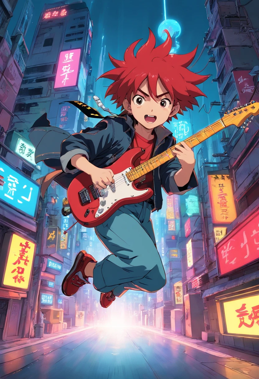 Still from a 1985 Japanese manga about a boy is jumping and play a electric guitar in cyberpunk city with a mad face red spike hair and with rock spike costume