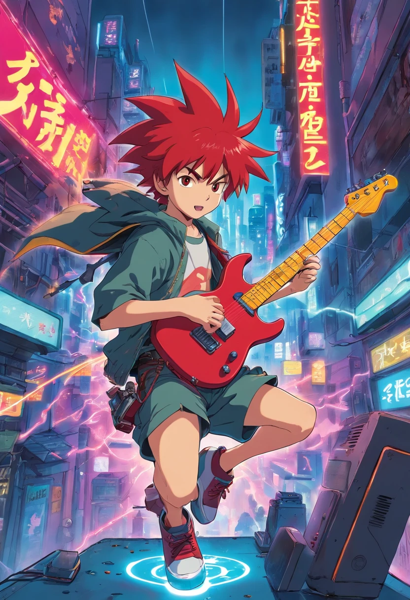 Still from a 1985 Japanese manga about a boy is jumping and play a electric guitar in cyberpunk city with a mad face red spike hair and with rock spike costume
