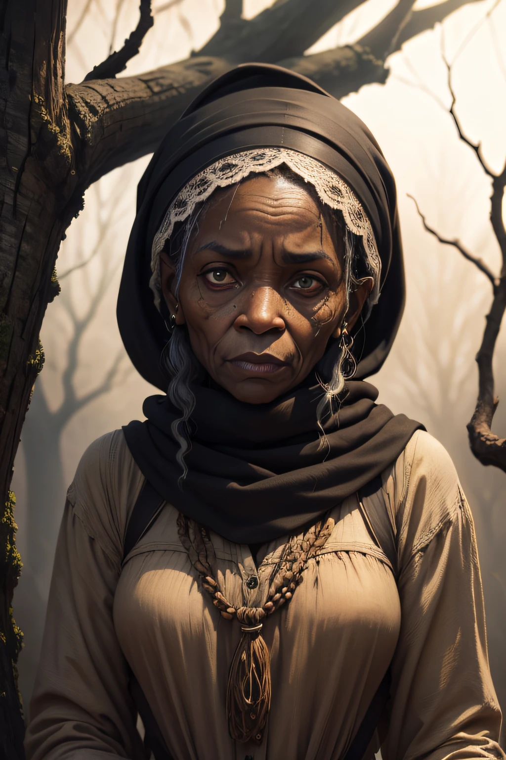 Old linseed oil painting masterpiece a old scary black woman with a scarf on her head sitting on a branch on a old oak, starring at you, scary details, like your nightmare, deformed ugly body, creepy dark dream style, old dirty ultra detailed structures, used dirty clothing , ultra detailed, highest possible resulution, nightmare comes true, ultra detailed background, dark natural colors