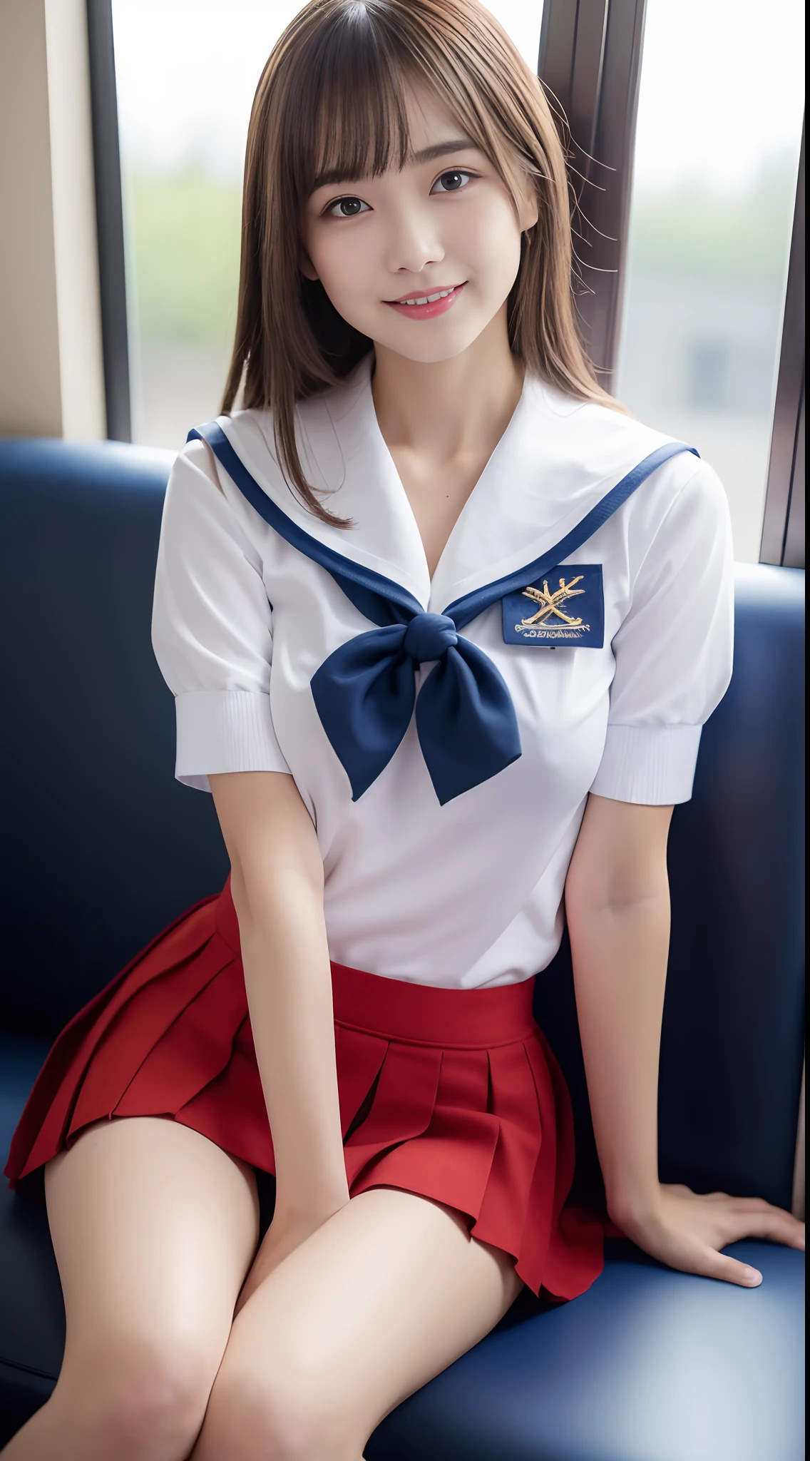 neat college girl, (school uniform, sailor uniform, ribbon tied at chest, summer uniform, upper body white, skirt is navy blue), outside the athletic field, (slim), photorealistic, detail, skin texture, ultra detail, delicate and sexy collarbone, smile, super detailed face, detailed lips, detailed eyes, double eyelids, small breasts, small breasts, small, flat breasts, breast emphasis