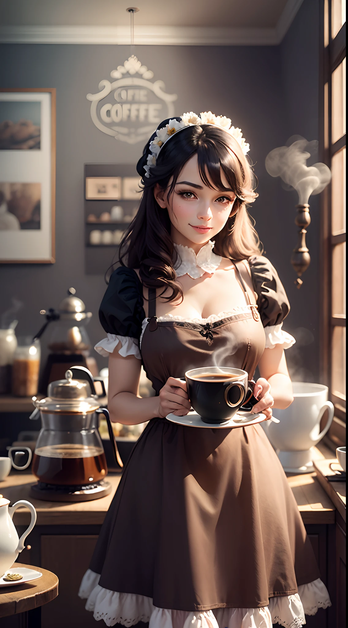 In a coffee shop, there is an enchanting demoness dressed as a maid, best quality, ultra-detailed, realistic:1.37, vivid colors, portraits, dark atmosphere, dim lighting, vintage decor, aromatic coffee, steam rising from cups, polished wooden furniture, delicate lace apron, silky black hair, red glowing eyes, seductive smile, elegant posture, pouring coffee gracefully, artistic espresso machine, handwritten menu, cozy ambiance, murmuring background conversations, clinking of coffee cups, decorative flower arrangements, barista's skillful latte art, tempting pastries on display, vintage china tea set, old-fashioned gramophone playing soft jazz, subtle scent of freshly brewed coffee, warm color tones, slight haze of coffee steam, stained glass windows casting colorful patterns, rich chocolate cake, delicate macarons, charming retro artwork on the walls, bustling but peaceful atmosphere, a slice of indulgence in each cup.