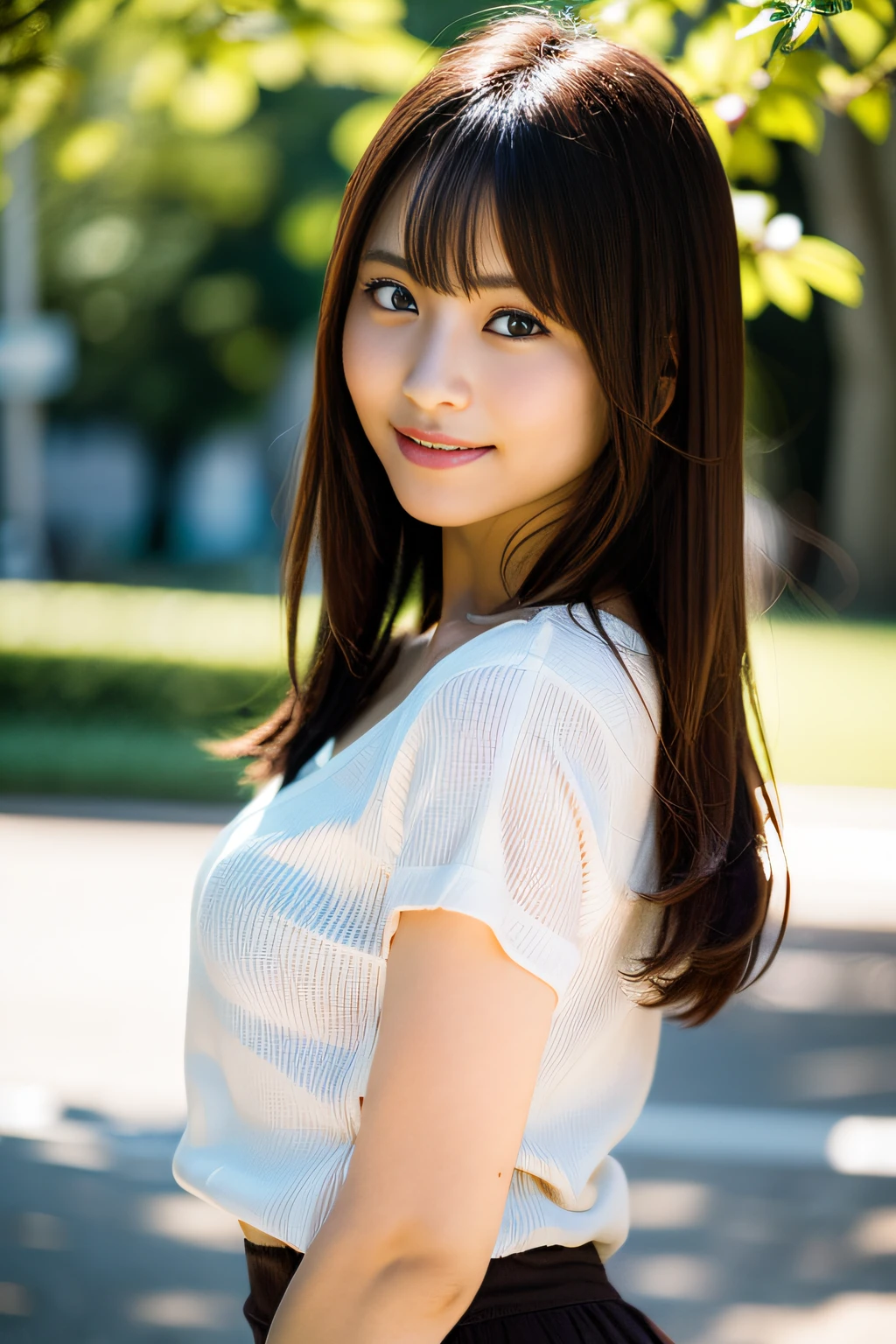 in 8K,Best Quality:1.4, 超A high resolution:1.5, (Photorealistic:1.4),masterpiece:1.2,(top-quality:1.4)、 Raw photo、(the background is blurred), A park on a hill with a good view:1.4、On the lawn、FULL BODYSHOT:1.5、 1日本人の女の子, Cute, (Solo), (Shy smile), Smooth skin、(30-years old:1.4)、to stand、Check miniskirt、Cute mini skirt、 (Brown medium hair,Bangs), (touch hair:1.4)、nogizaka、cute little、Supple fingertips,Beautiful black eyes、natural skin textures:1.3, realistic eyes and face details:1.7、middlebreasts、gazing at viewer、gravure、beauty legs、autumnal