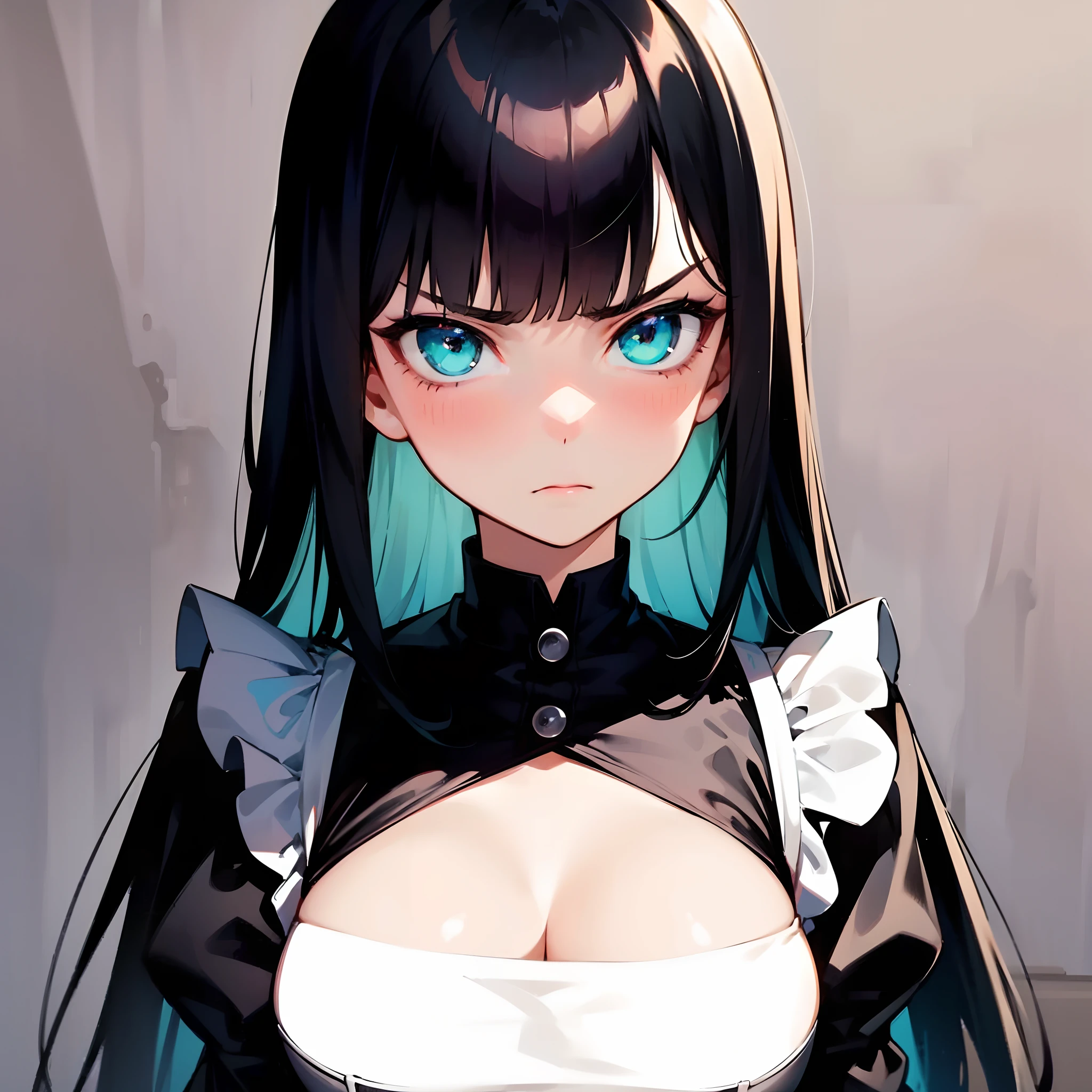 1girl, long black hair, blunt bangs, turquoise eyes, maid dress, medium breast, angry expression, solo, best quality, masterpiece, portrait, simple background, looking at the camera, from the front, 1result, vibrant, detailed, perfect anatomy, detailed art, high definition, 4k, high resolution