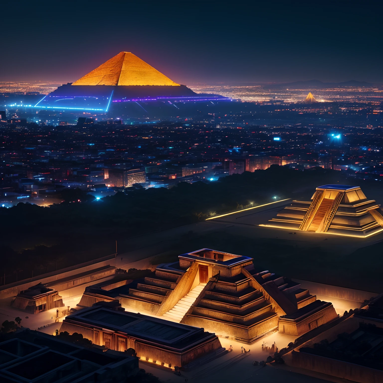 (Best Quality,8K,Realistic:1.37),neons,The sheen,shiny,tron,A city scape,Digital world,digital,Teotihuacan,Pyramids,
