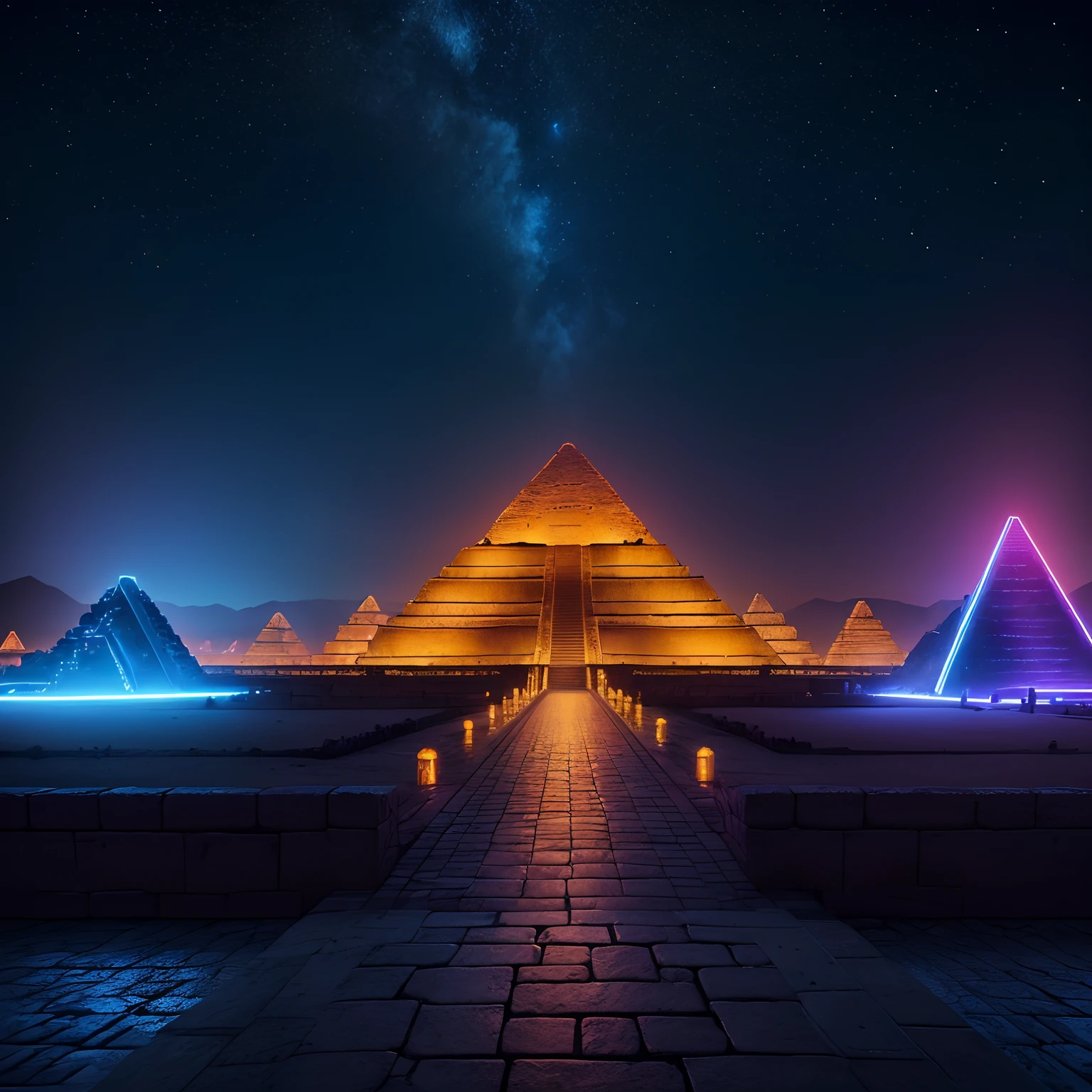 (Best Quality,8K,Realistic:1.37),neons,The sheen,shiny,tron,A city scape,Digital world,digital,Teotihuacan,Pyramids,