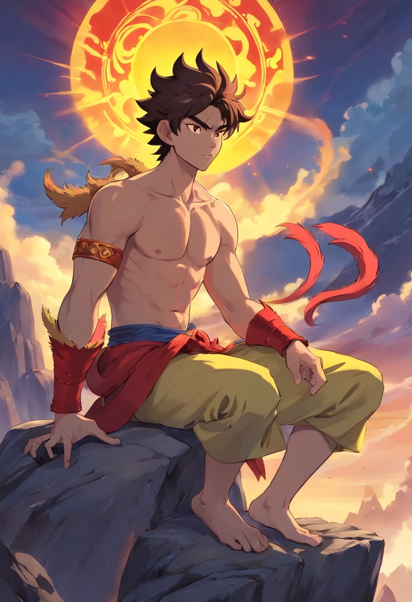 Goku/Wukong, chinese monkey warrior of chinise mythology, warrior monkey in a dynamic pose, sun wukong, intricated details, detailed details, golden hour, fire details, amazing artwork, stunning masterpiece, rendered in high-resolution CG with impeccable attention to detail, unrel engine, 8k