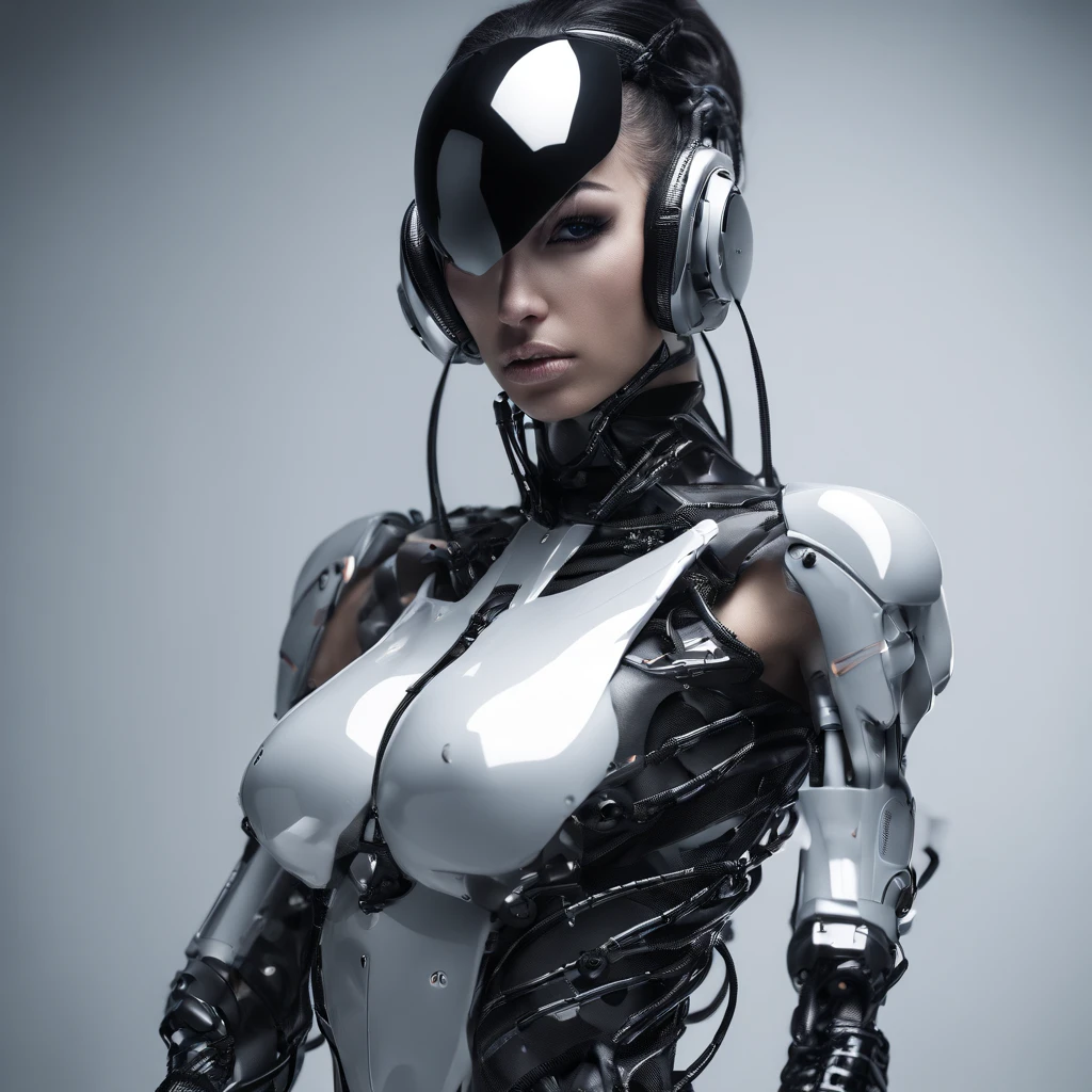 Passionate hot body savage girl. Anthropomorphic beautiful - looking cyborg girl. Detailed visualization hot body, face makeup, wide gorgeous realistic eyes, juicy lips. full body
