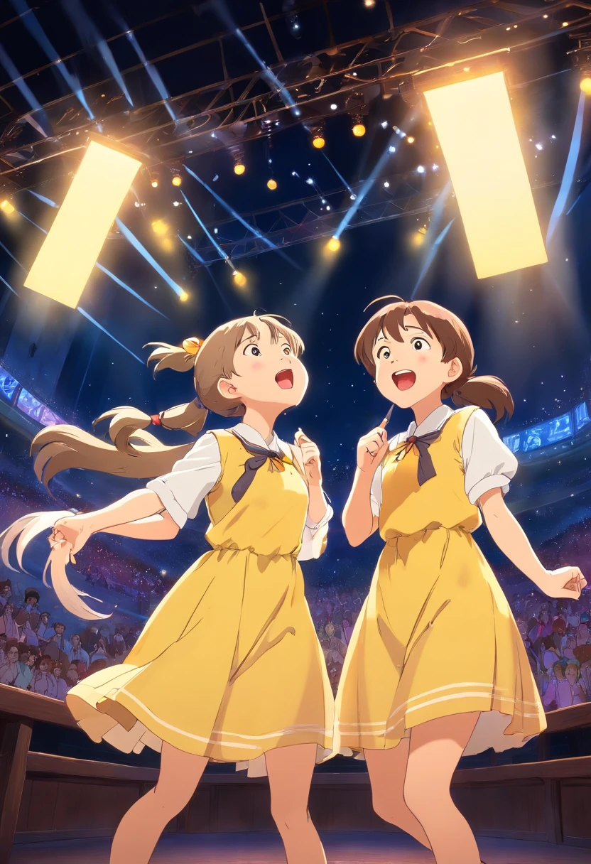 girls,Bundled ponytail,Yellow dress,,singing on stage, Stage lighting, Glare.