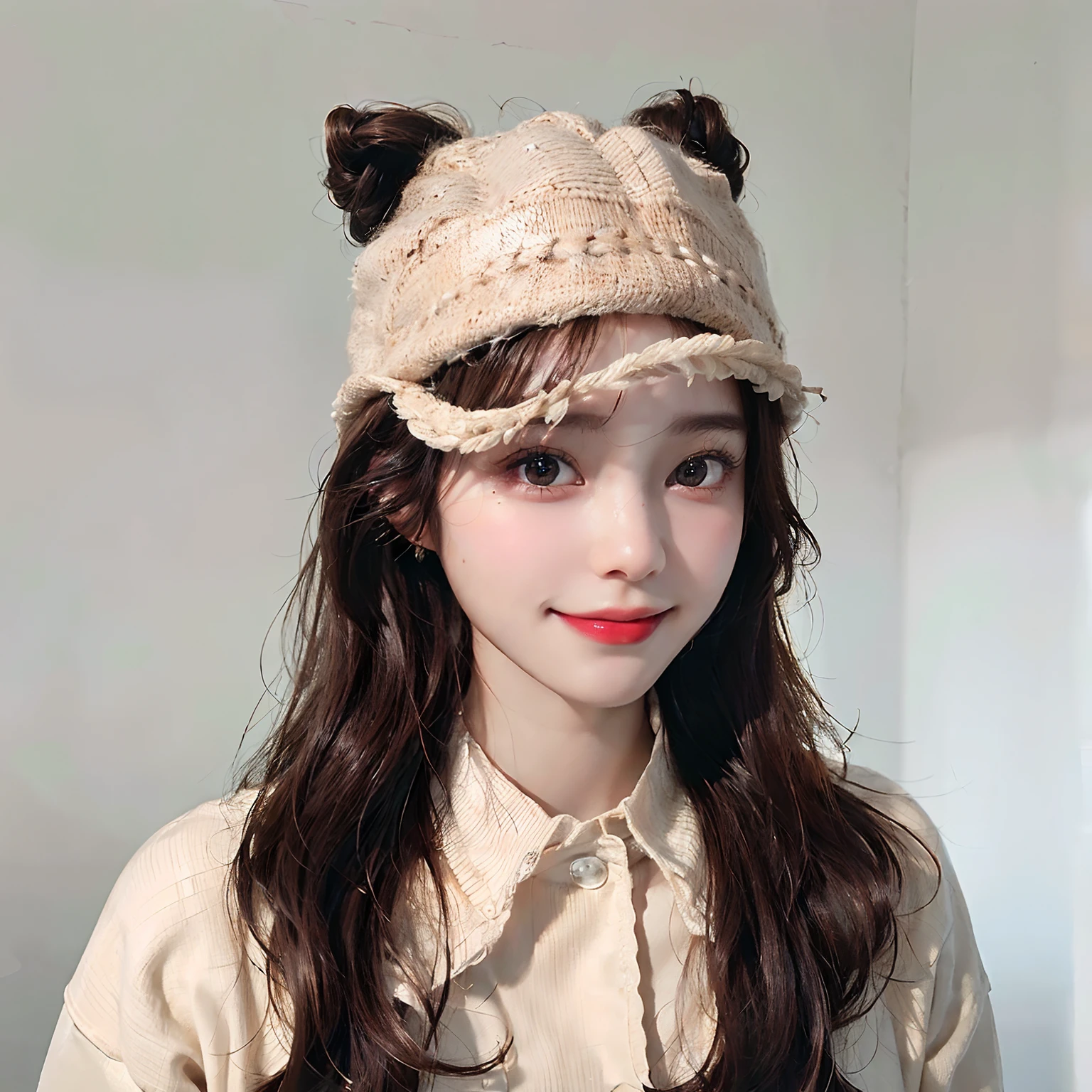 ((Best picture quality, 8K, tmasterpiece: 1.3)), perfect compositions,ulzzangs,Natural light lighting, A cute beauty with a perfect figure: 1.4, Slim big breasts, ((with short brown hair)) , (Upper body portrait,Highly detailed face,smiling expression,)Cute slimming face,Wool collar sweater, 18 years old cute