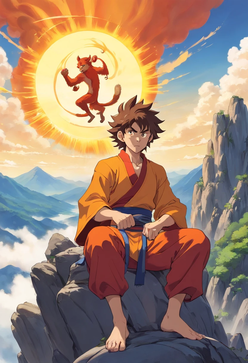 sun wukong in an appearance of a 19 year old young man, villainous, with an evil look, is sitting on top of a mountain, golden aura around him, with monkey tail, red eyes, black hair, very hairy, with monkey ears , shirtless, japanese manga style