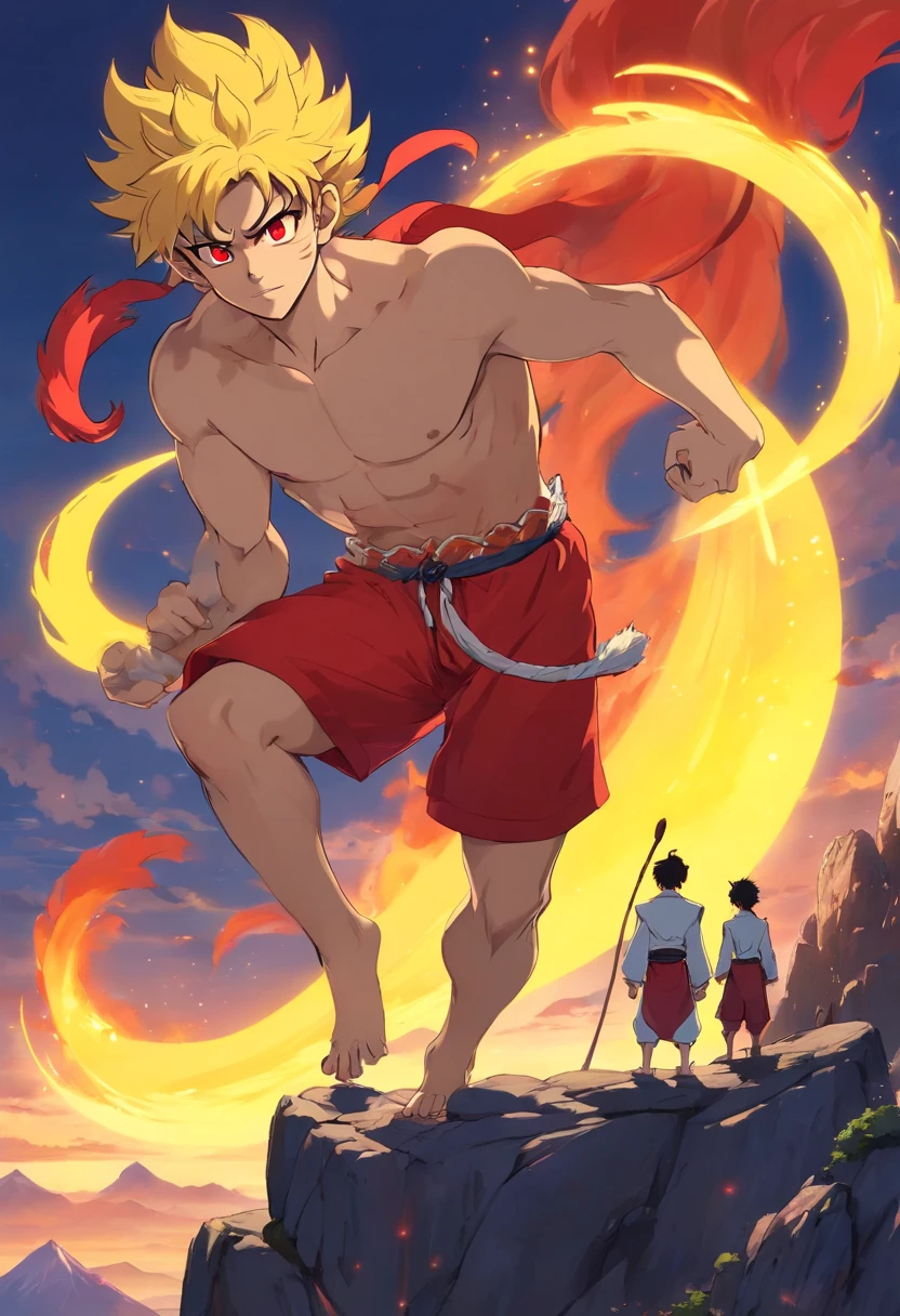 sun wukong in an appearance of a 19 year old young man, villainous, with an evil look, is sitting on top of a mountain, golden aura around him, with monkey tail, red eyes, black hair, very hairy, with monkey ears , shirtless, japanese manga style