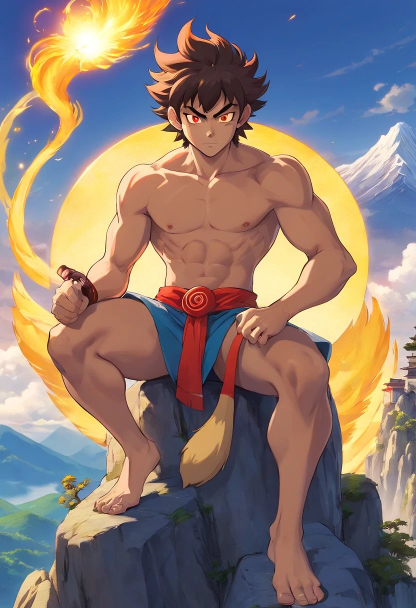 sun wukong in an appearance of a 19 year old young man, villainous, with an evil look, is sitting on top of a mountain, golden aura around him, with monkey tail, red eyes, black hair, very hairy, with monkey ears , shirtless, japanese manga style