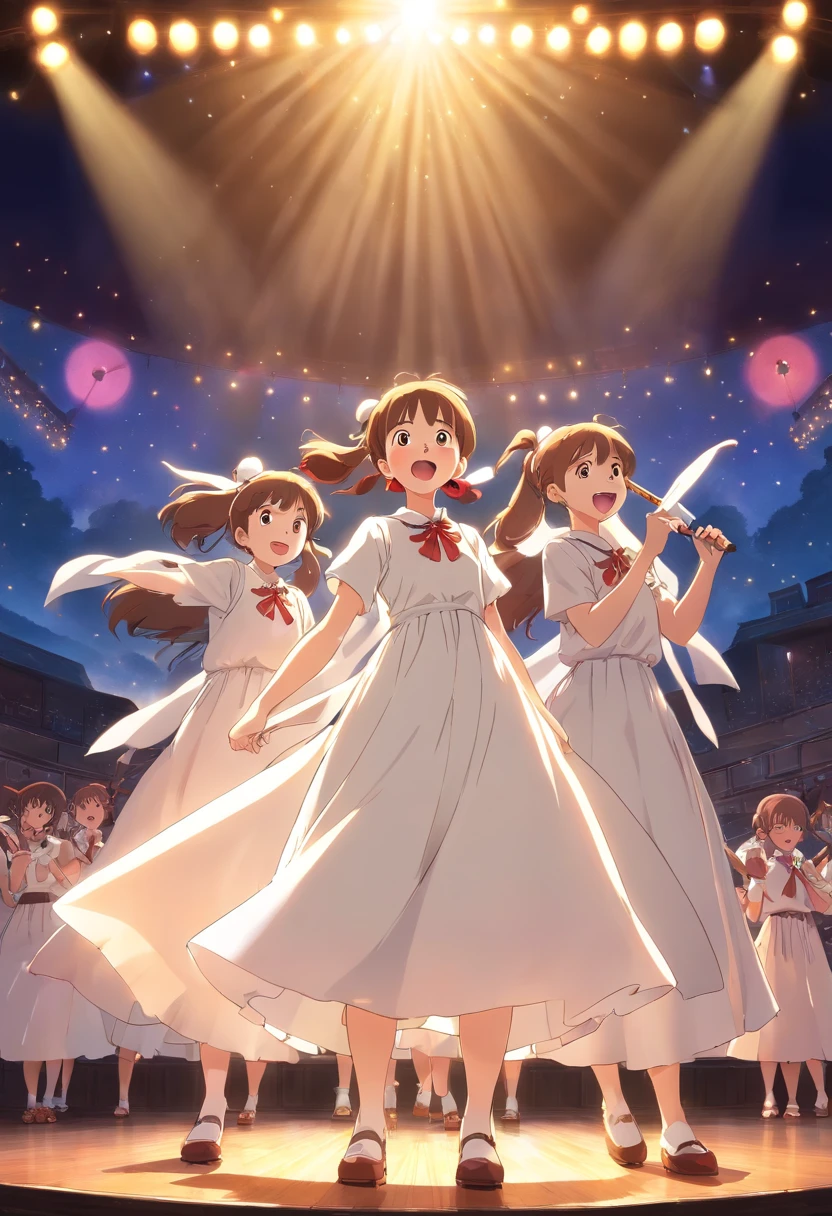 schoolgirls,Bundled ponytail,White dress,,singing on stage, Stage lighting, Glare.