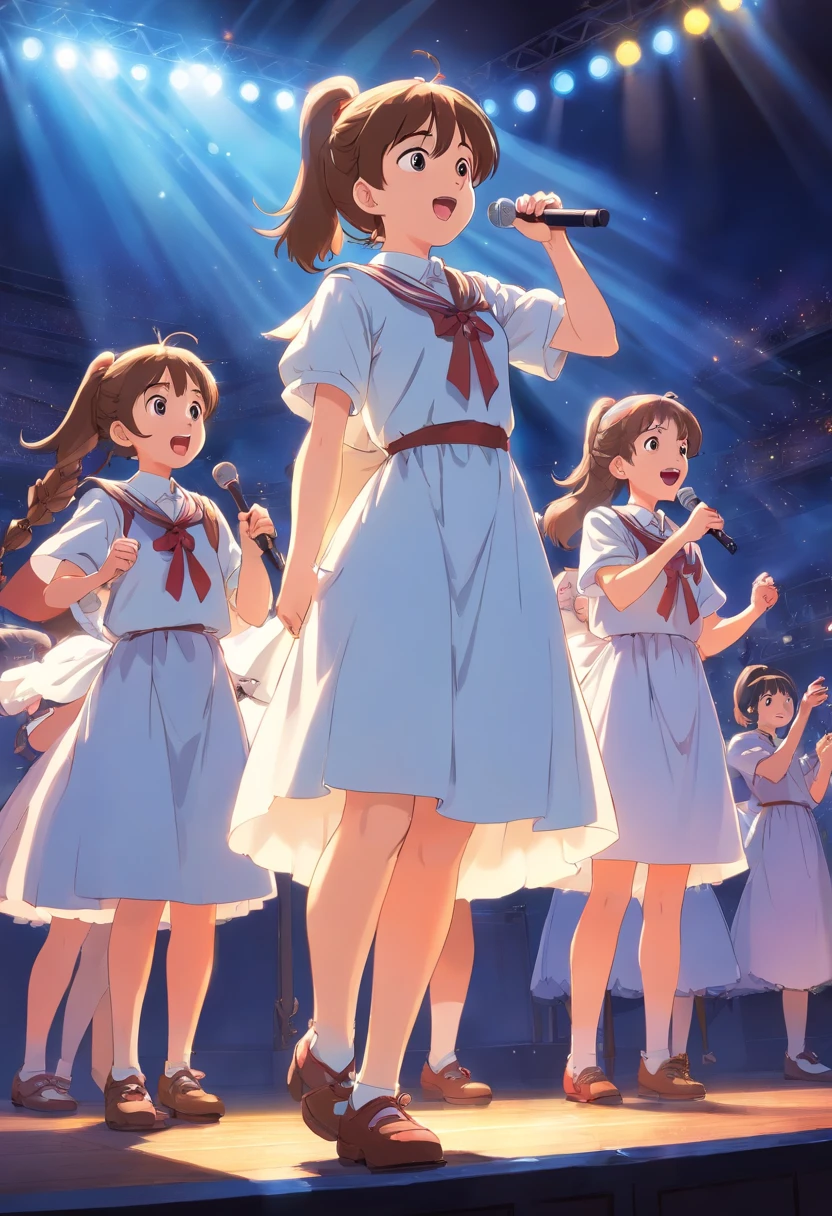 schoolgirls,Bundled ponytail,White dress,,singing on stage, Stage lighting, Glare.