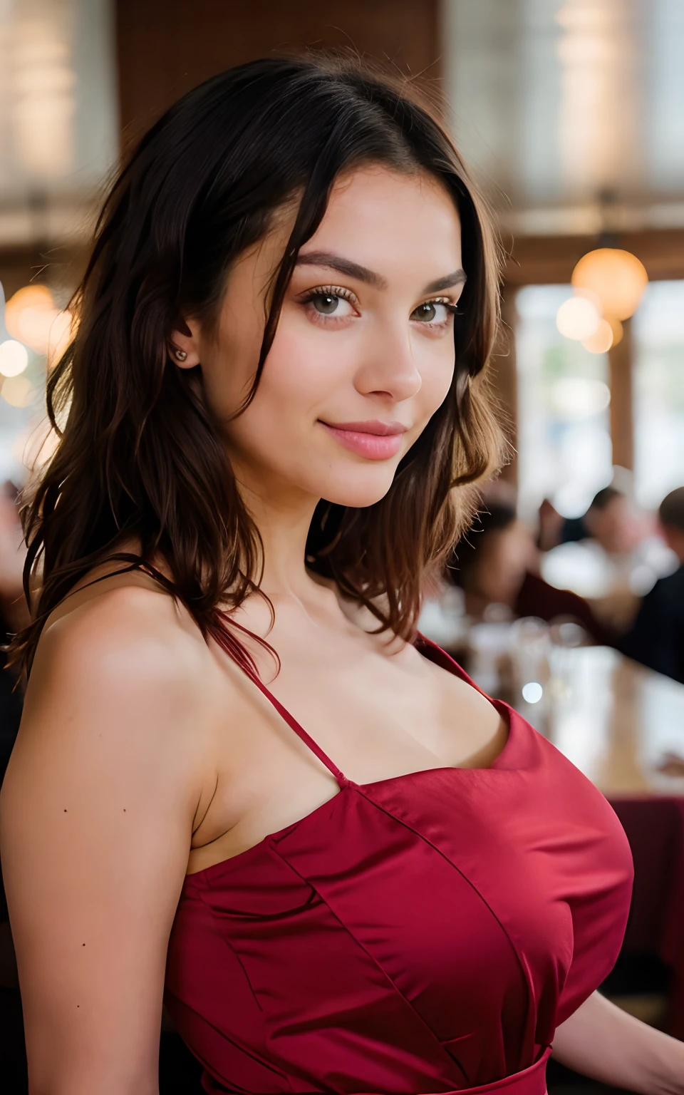 Photography, una mujer, 21 years, usando un sexy vestido vino tinto, escote, look at the camera, sonrisa ligera,piel morena, By the chestnut, Pelo largo,Disfrute de la opulencia de un restaurante de lujo., where every detail is meticulously crafted to create a feast for the senses.. Desde elegantes candelabros hasta lujosas sillas de terciopelo, Every aspect of this dining experience exudes sophistication and extravagance., 4k, High Definition, cinematographic