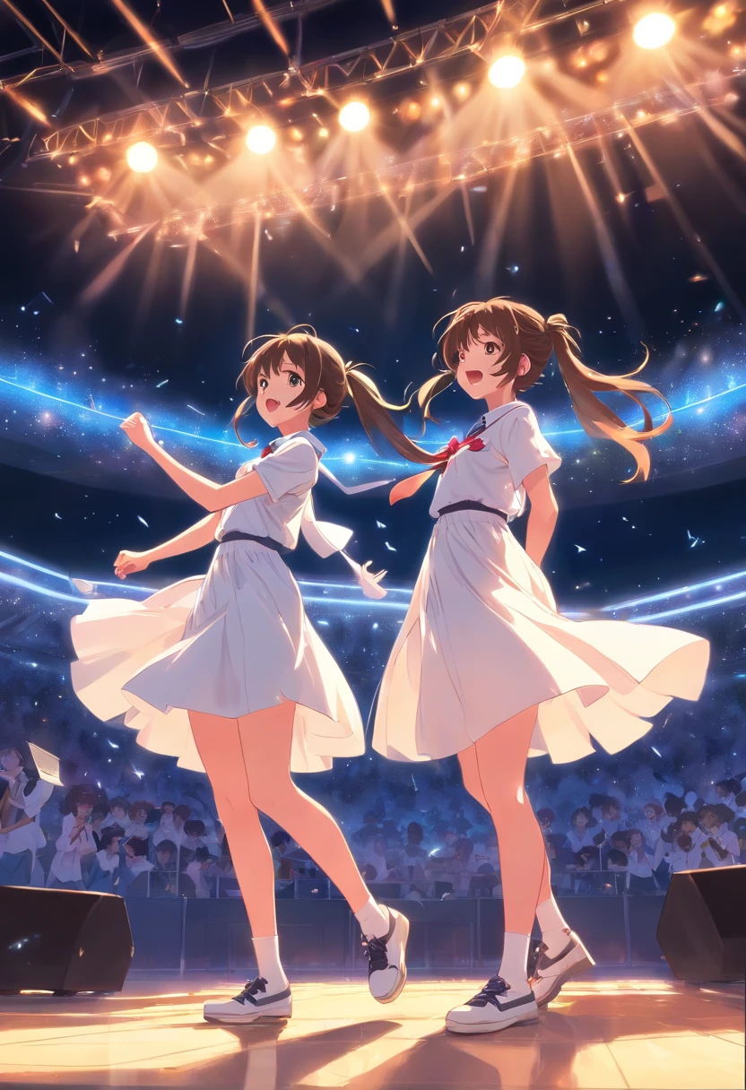 schoolgirls,Bundled ponytail,White dress,,singing on stage, Stage lighting, Glare.