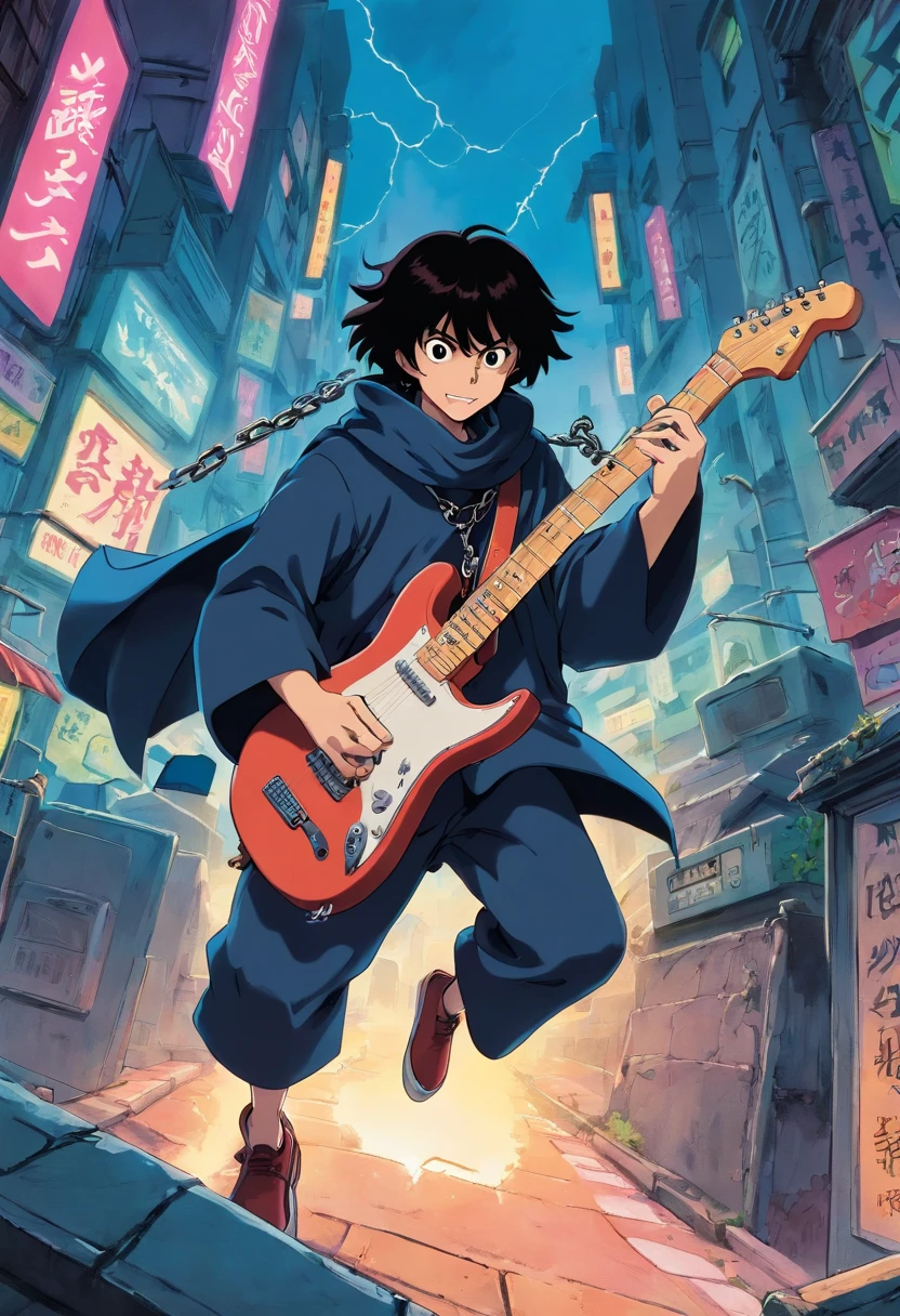 Still from a 1985 Japanese manga about a grim reaper is jumping and play a electric guitar in graveyard city with the spike chain around the neck with fisheye camera angle