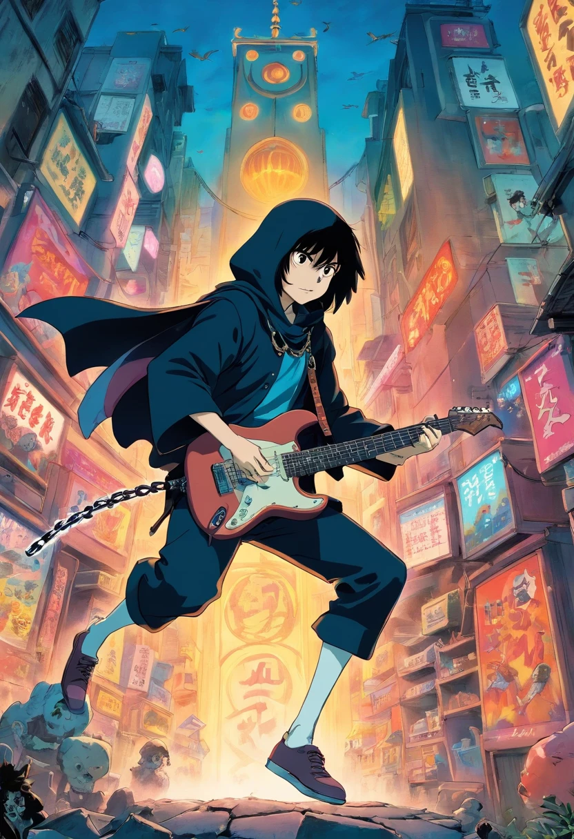 Still from a 1985 Japanese manga about a grim reaper is jumping and play a electric guitar in graveyard city with the spike chain around the neck with fisheye camera angle