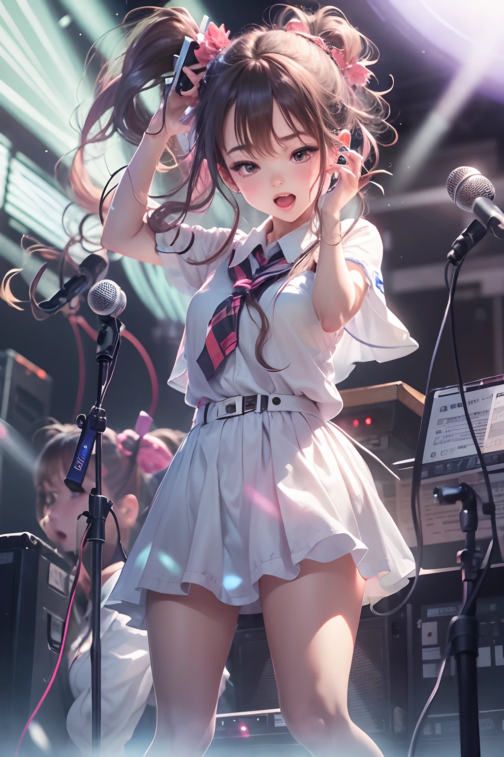 on stage wearing idol costume。Full body like、Looking Up、Brown hair、Twittail、Lift the bottom of the plaid skirt、I'm not wearing panties、Pubic hair is dark、squatting down、incontinence、droplets of water、dark backgrounds、Colorful spotlights、a masterpiece of、High contrast、beste-Qualit、Top image quality