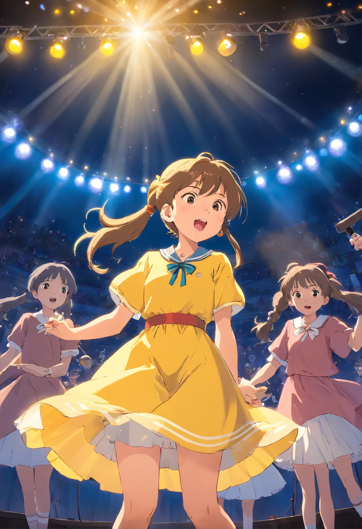 schoolgirls,Bundled ponytail,Yellow dress,,singing on stage, Stage lighting, Glare.