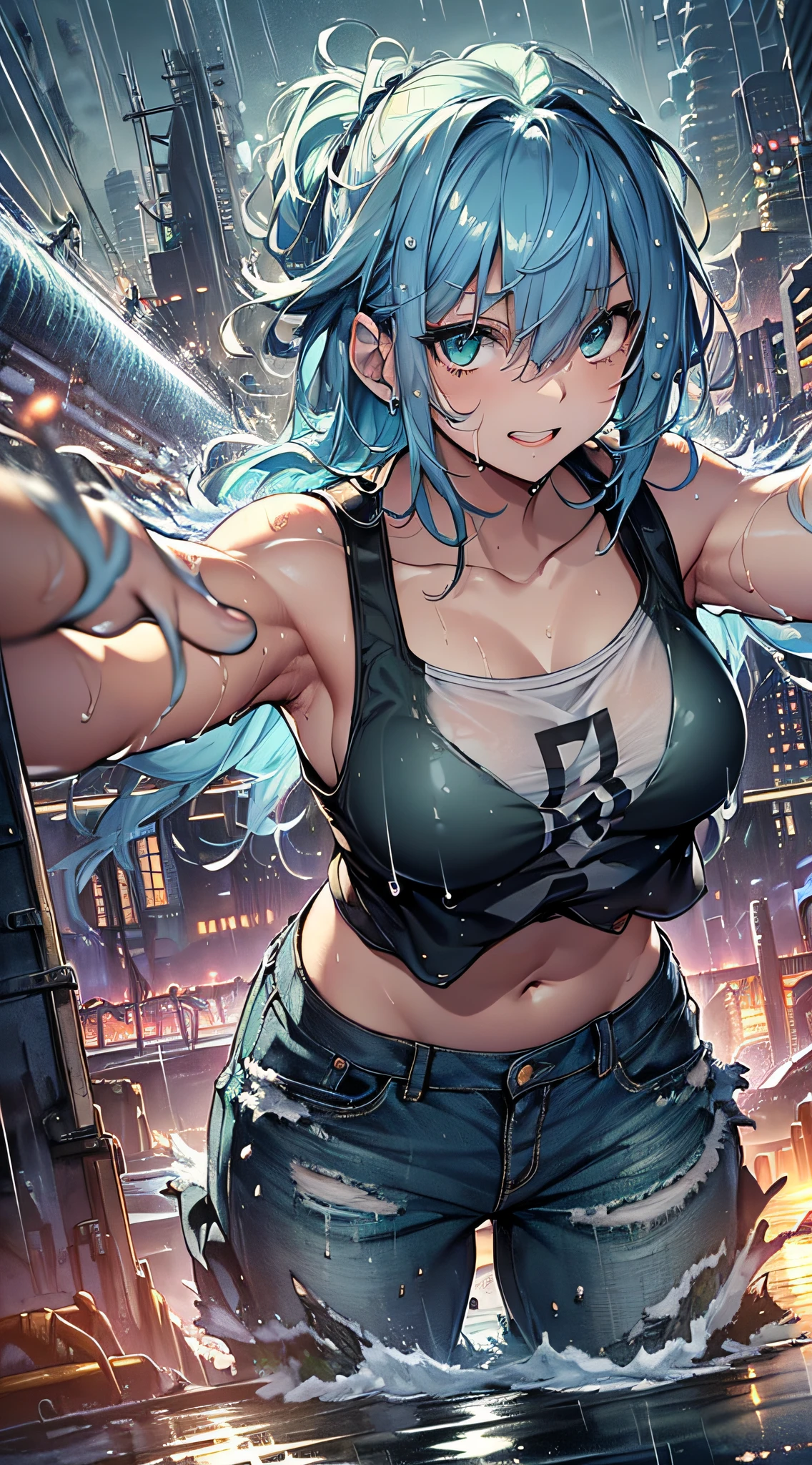 top-quality、Top image quality、​masterpiece、teens girl((sixteen years old,My whole body is full of wounds、Black tattered tank top,Tattered blue long pants、Best Bust、Bust 85、Light blue shiny hair、Longhaire,Blue-green eyes、open chest wide、Valley、Happiness、A slender、the whole body is wet、Leaning forward、closing eye、Laughing mouth、Spread your arms)）hiquality、Beautiful Art、Background with((night cityscape、Very heavy rain,Intense thunder、water world))、masutepiece、Elaborate design、visualart、Theatrical films