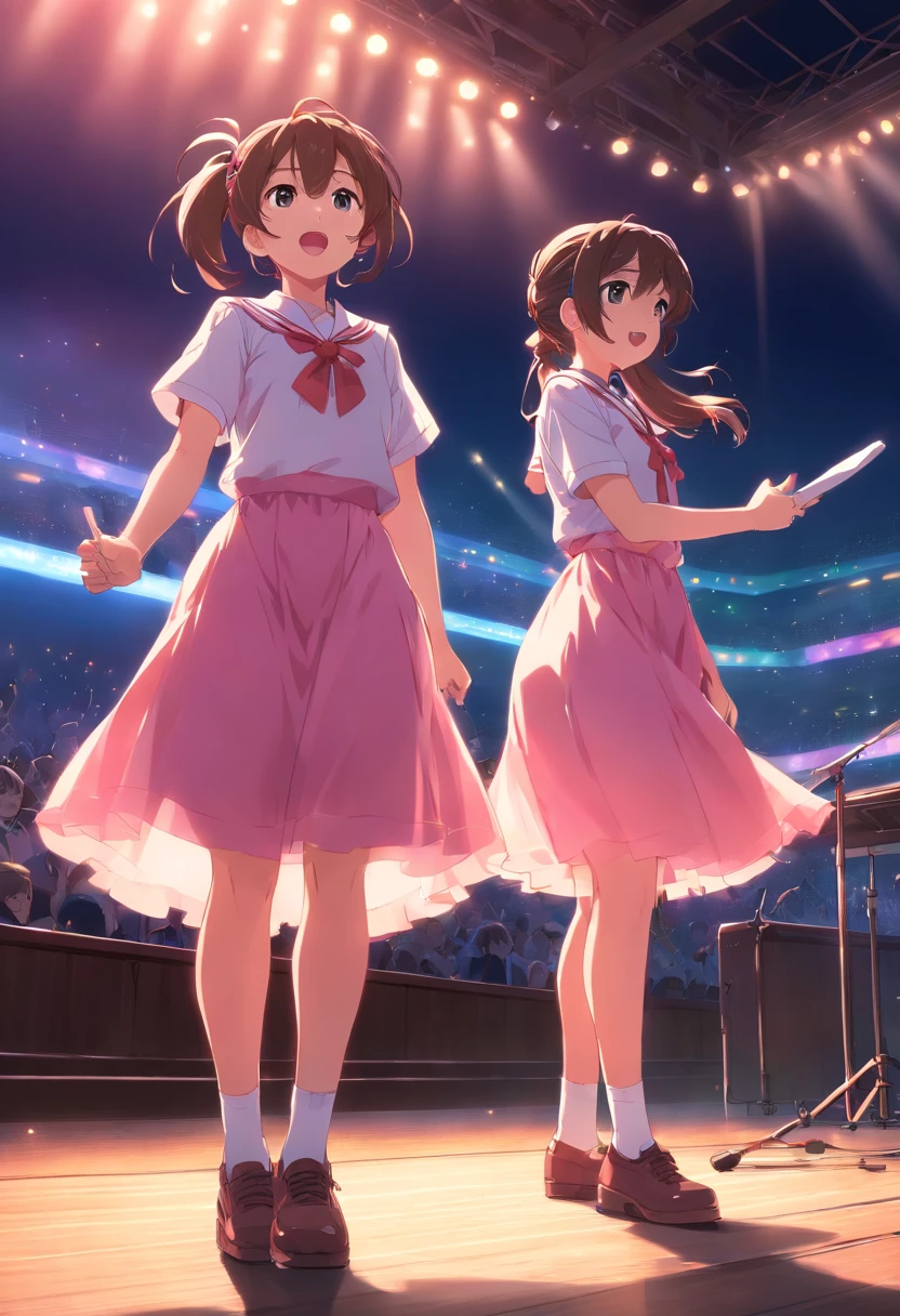 schoolgirls,Bundled ponytail,Pink dress,,singing on stage, Stage lighting, Glare.