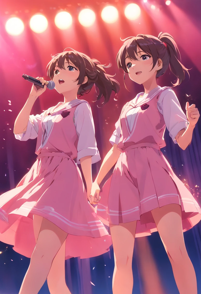 schoolgirls,Bundled ponytail,Pink dress,,singing on stage, Stage lighting, Glare.
