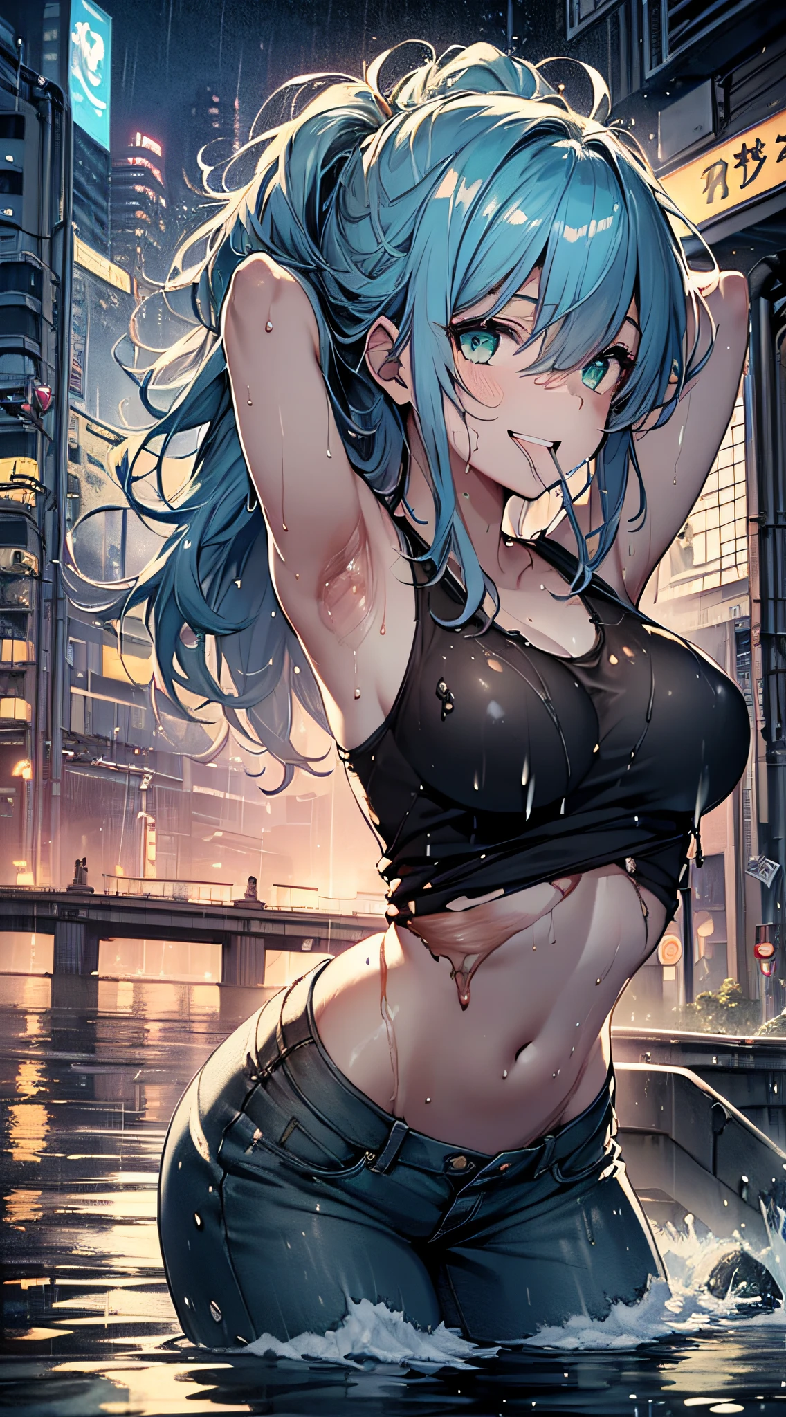 top-quality、Top image quality、masterpiece、teens girl((,My whole body is full of wounds、Black tattered tank top,Tattered blue long pants、Best Bust、Bust 85、Light blue shiny hair、Longhaire,Blue-green eyes、open chest wide、Valley、Happiness、A slender、the whole body is wet、Leaning forward、closing eye、Laughing mouth、Spread your arms))hiquality、Beautiful Art、Background with((night cityscape、Very heavy rain,Intense thunder、water world))、masutepiece、Elaborate design、visualart、Theatrical films