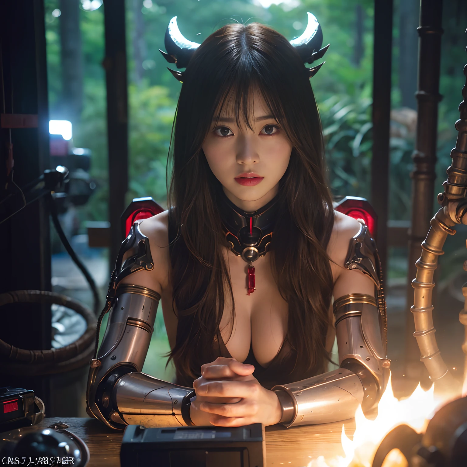 (1 Mechanical Girl)、top-quality、masterpiece、超A high resolution、(Photorealsitic:1.4)、Raw photo、1人、Fight mutants、glowy skin、(((1 Mechanical Girl)))、With a beautiful knife、(Yellow Metal Bodysuit)、(Kobold、ogre、Fierce battle with orcs),(Fight fiercely against aliens)、Fight fiercely、(beautiful forest background)、(Fighting Demonic Beasts)、(Small LED)、((super realistic details))、portlate、(Strong giant demon beast background),globalillumination、Shadow、octan render、8K、ultrasharp、Colossal tits、Raw skin is exposed in cleavage、metals、Details of complex ornaments、Japan details、highly intricate detail、Realistic light、(Mystical expression),CGSoation Trends、Red Eyes、radiant eyes、Facing the camera、neon details、(Mechanical limbs)、(blood vessels connected to tubes)、Mechanical vertebrae attached to the back、mechanical cervical attaching to neck、(Wires and cables connecting to the head)、Gundam、Small LED、,Mechanical thighs、Toostock、(Hands are also made of machines)、(Attack of the Monster Beasts)、(Wounded in a deadly battle)、