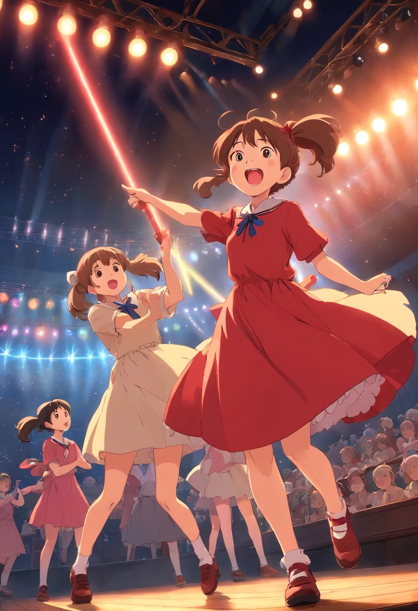 schoolgirls,Bundled ponytail,Red dress,,singing on stage, Stage lighting, Glare.