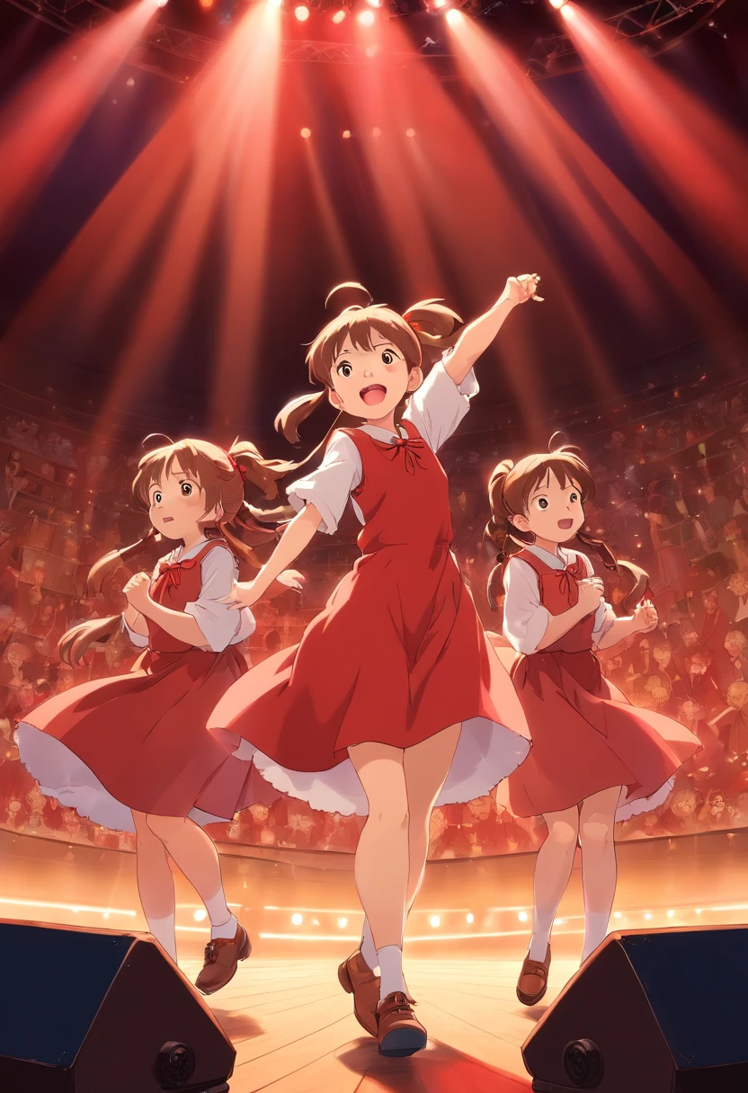 girls,Bundled ponytail,Red dress,,singing on stage, Stage lighting, Glare.