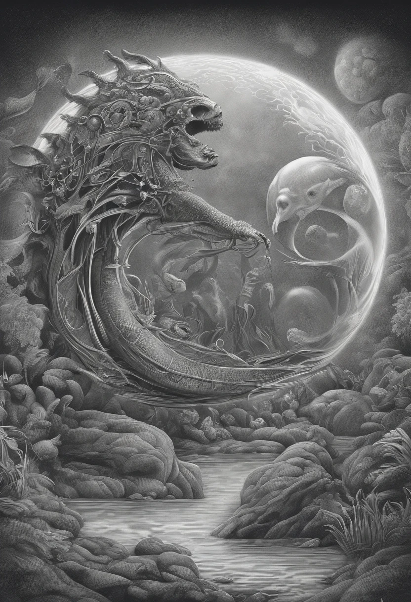 Un dibujo BARRIL, un dibujo detallado inspirado en Earnst Haeckel, Ganador del concurso Behance, Surrealismo pop, , Estilo Aaron Horkey, Dzo, criatura altamente detallada, Criatura lovecraftiana, Hajime Sorayama Aaron Horkey, criatura detallada