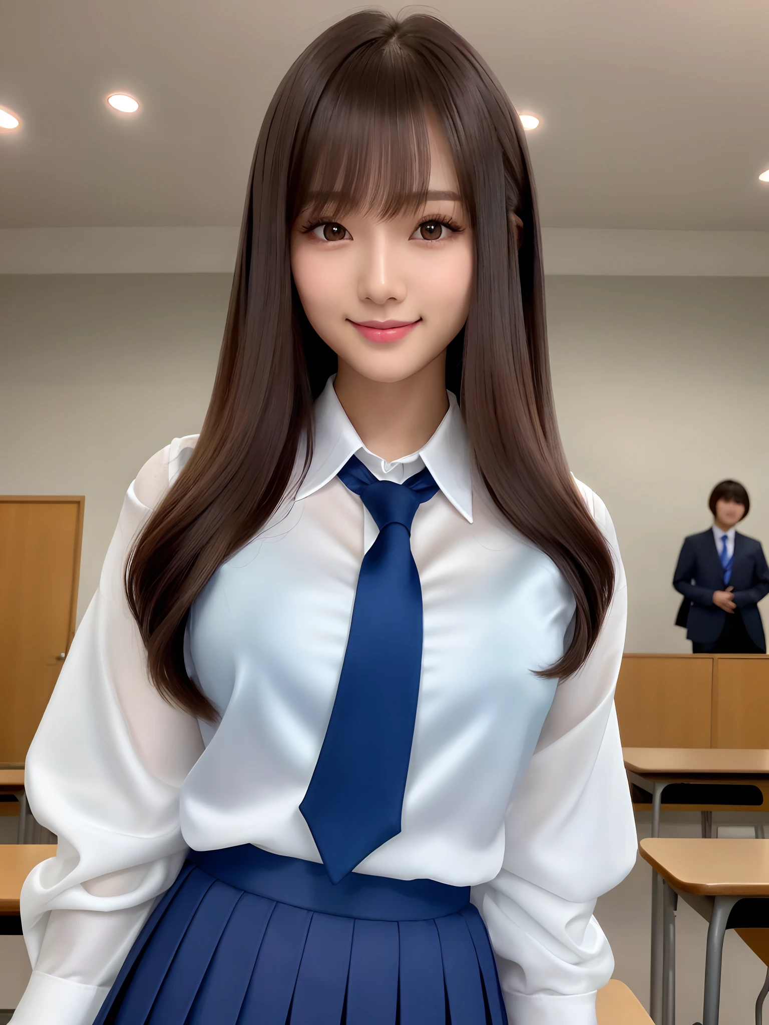 product quality, 1girl, upper body shot, front view, a Japanese young pretty woman, long bob hair, standing with a big smile in a crowded classroom of high school in the morning, glamorous figure, wearing a long sleeves dark blue knitted cardigan over white collared silky satin shirt with shiny satin dark blue plain long tie, wearing a dark blue pleated long skirt, hyper cute face, glossy lips, double eyelids in both eyes, natural makeup, long eyelashes, shiny smooth light brown long bob hair, asymmetrical bangs, a tanned skin, central image, high resolution, high detail, detailed hairstyle, detailed face, spectacular cinematic lighting, octane rendering, vibrant, hyper realistic, perfect limbs, perfect anatomy