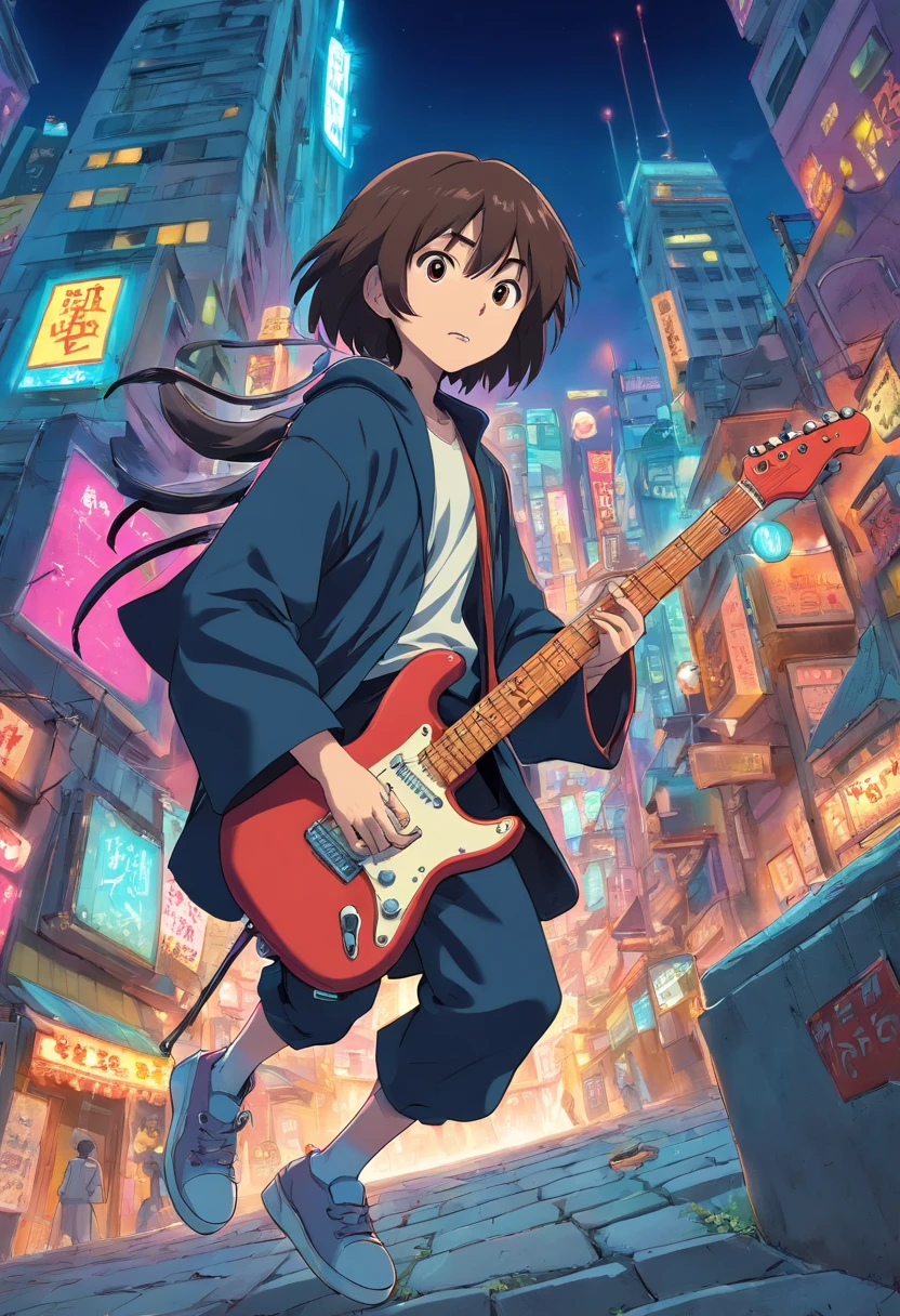 Japanese manga about a grim reaper is jumping and play a electric guitar in graveyard city with the spike chain around the neck with fisheye camera angle drawing style by Tite Kubo