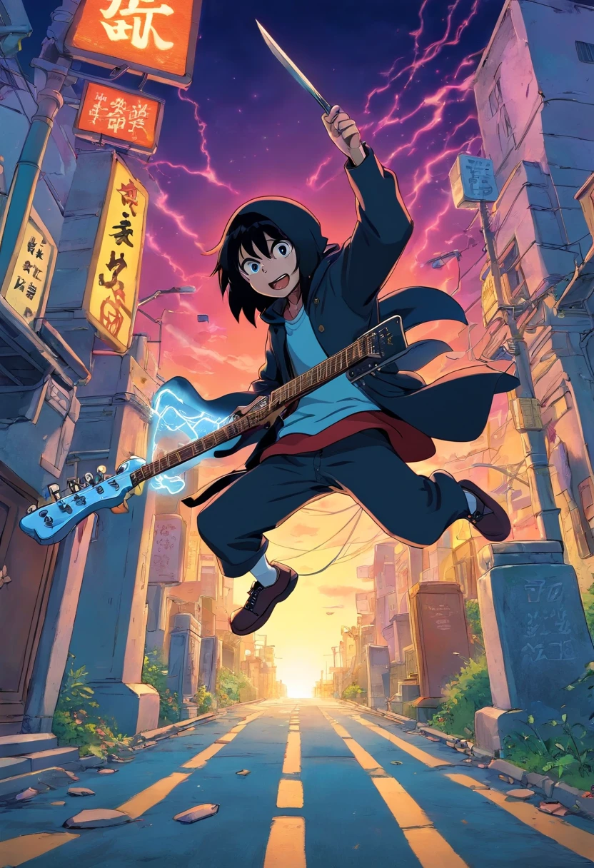 Japanese manga about a grim reaper is jumping and play a electric guitar in graveyard city with the spike chain around the neck with fisheye camera angle drawing style by Tite Kubo