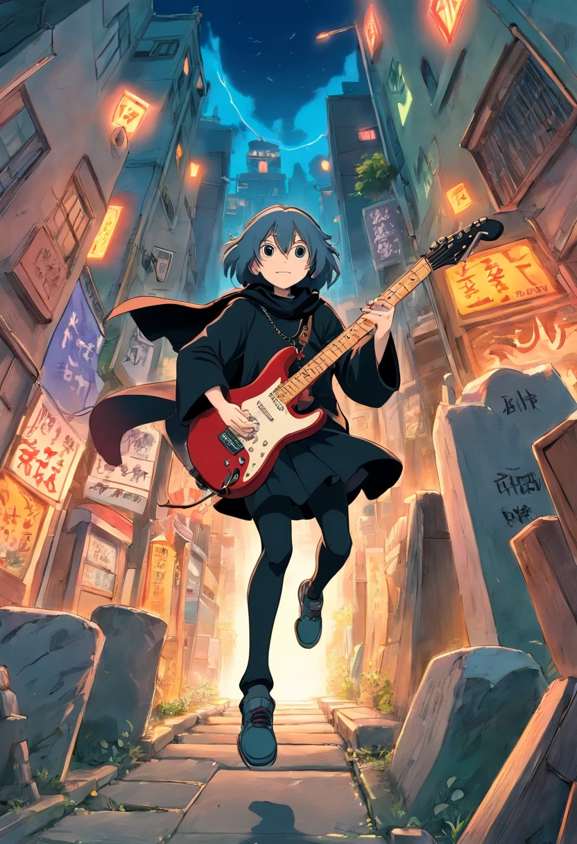 Japanese manga about a grim reaper is jumping and play a electric guitar in graveyard city with the spike chain around the neck with fisheye camera angle drawing style by Tite Kubo